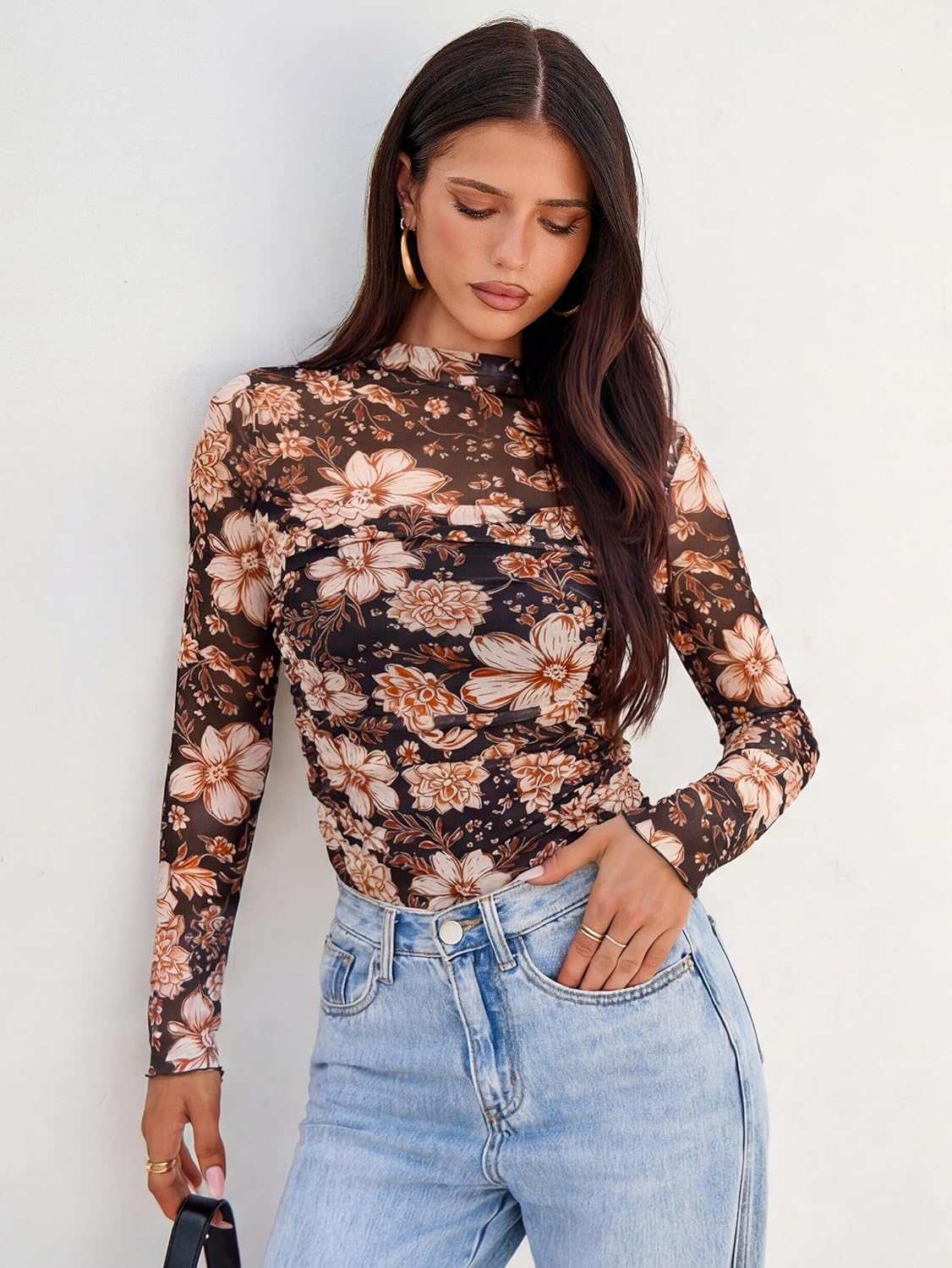 Glamaker Women's Floral Lace Tops Long Sleeve Turtleneck Y2k Sexy Mesh Going Out Shirts Fashion Clothes Outfits 2026 - Image 7