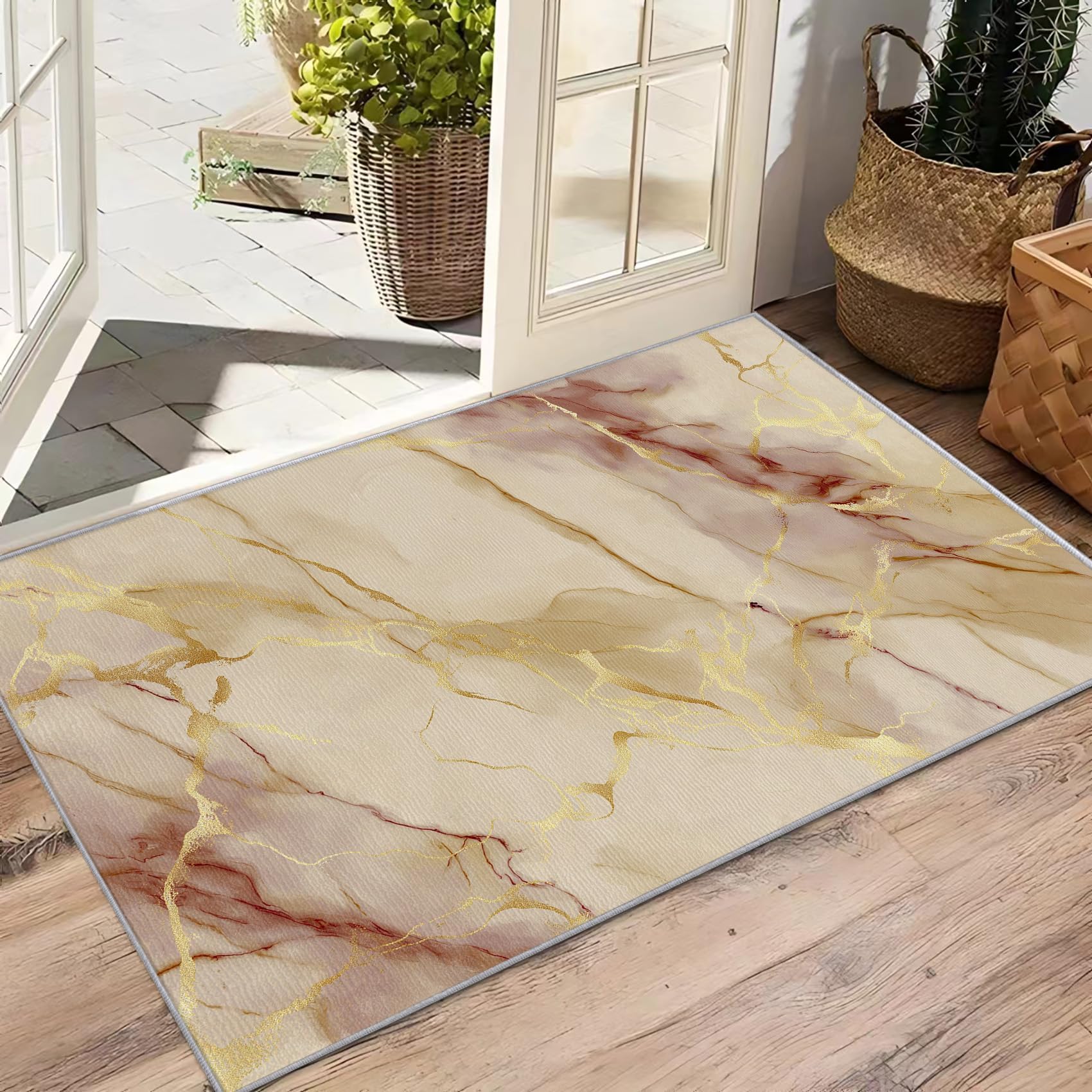 Tapis de Chambre marbre 90x180cm crème et Or Bordeaux, Tapis Salon Abstrait Moderne, Moquette de Sol Doux à Poils Courts, Lavable et antidérapant pour Cuisine, entrée et paillasson
