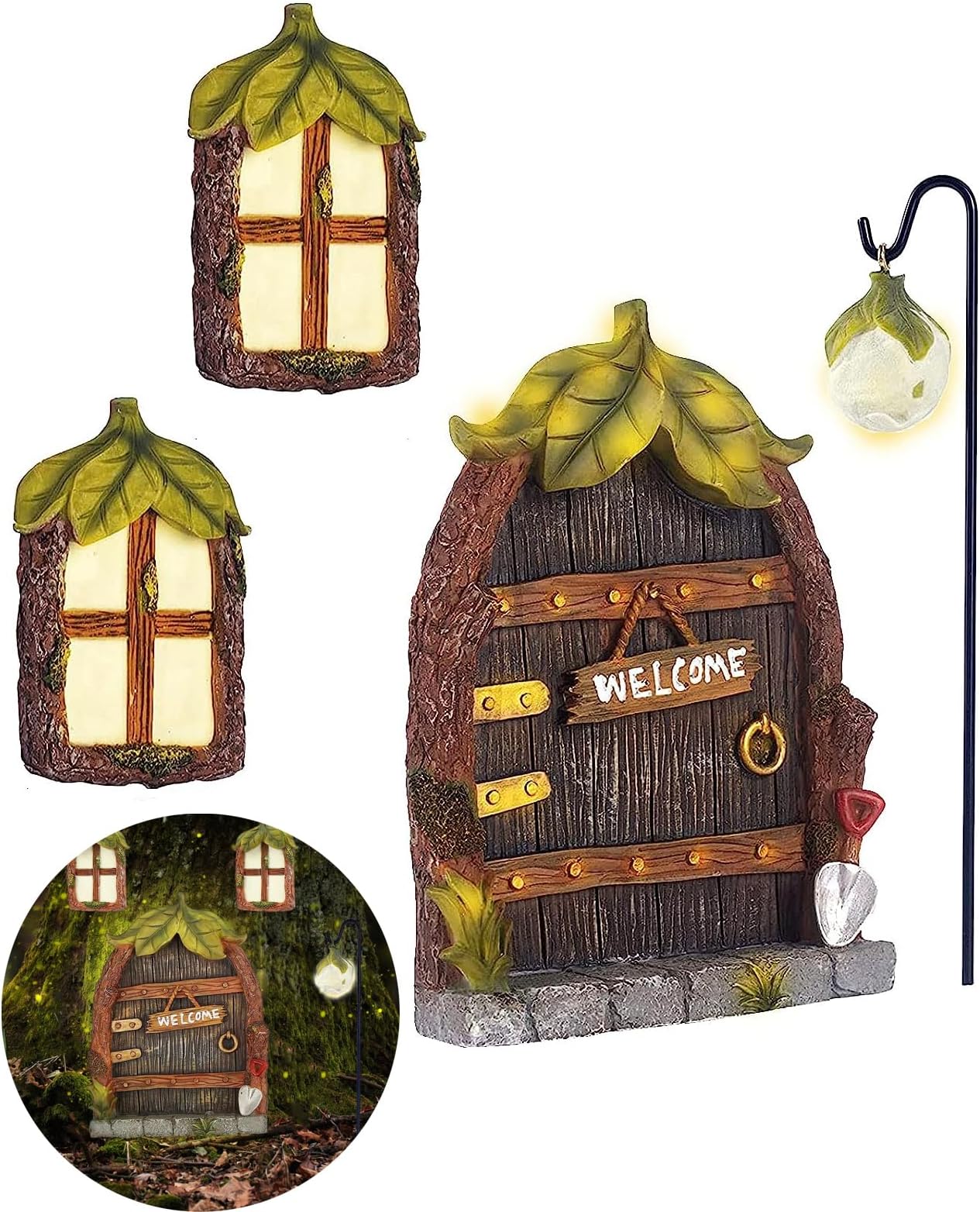 Miniature Fairy Garden Accessories Fairy Door and Windows for Trees, Glow in The Dark Yard Sculpture Lawn Ornament Mini Garden Art Outdoor Decor Accessories with Lantern