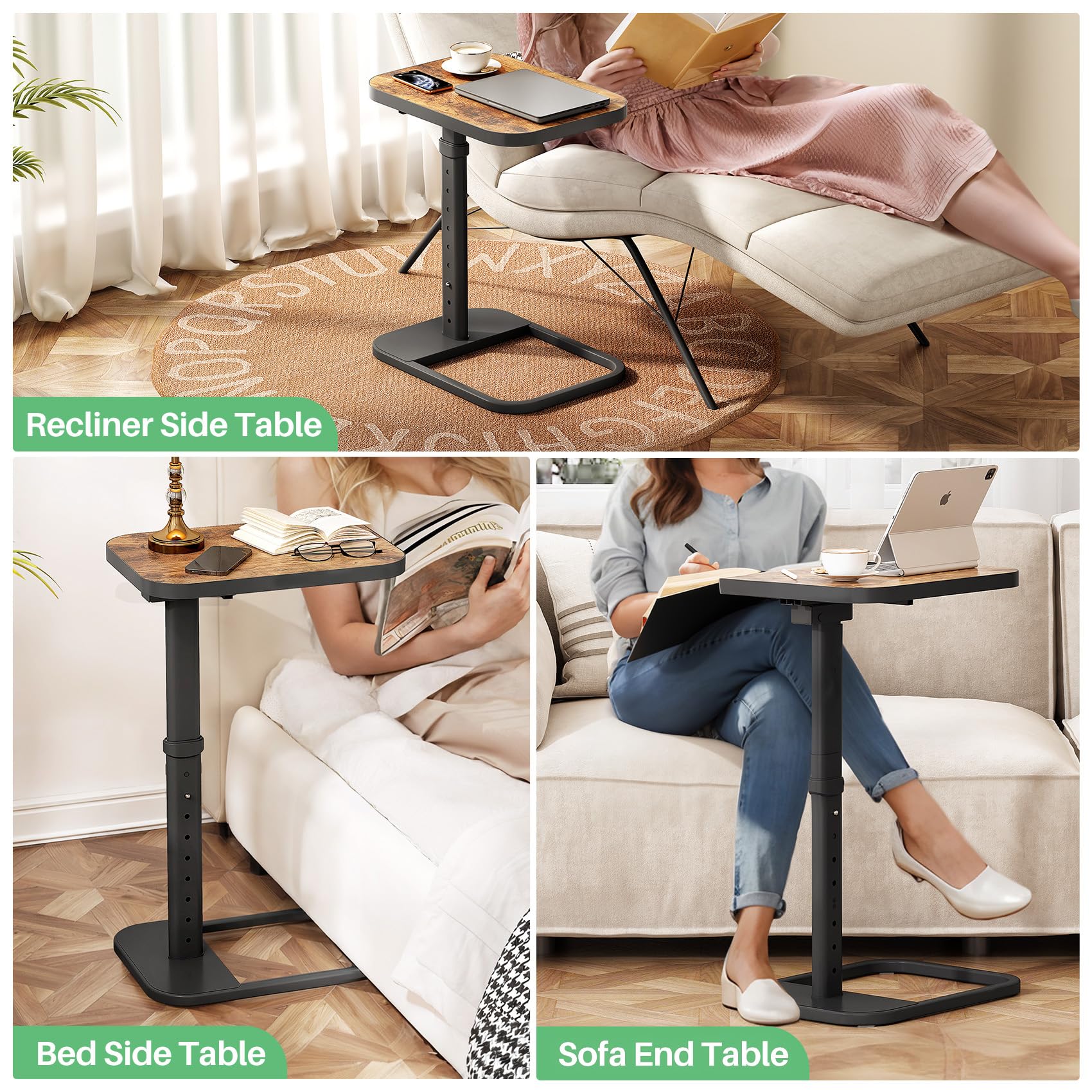 Kitstorack TV-Tablett, höhenverstellbar, Flip-Top, abgerundete Metallecken, Snack-Tisch für Couch, Sofa, Bett, Stuhl, Wohnzimmer, C-förmiger Beistelltisch zum Essen, Abendessen oder Laptop, kleine