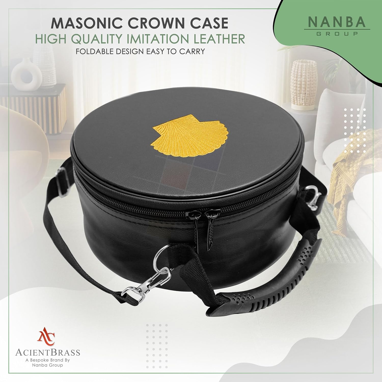 Masonic Crown Cap Case – Imitation Leather Hat Box with Adjustable Shoulder Strap & Foldable Design (Black, Gold Shell)