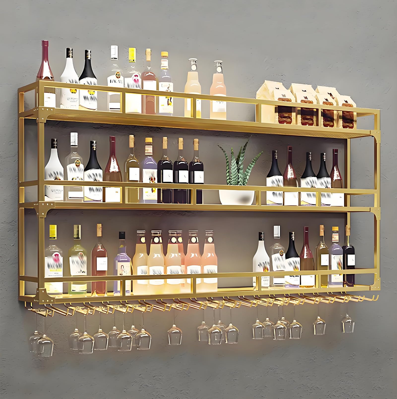 Generico Portabottiglie da Parete in Stile Industriale - Scaffale in Metallo a 3 Livelli con Luce LED e portabicchieri, Grande espositore Galleggiante per liquori per la casa, Finitura Oro (80x25x90