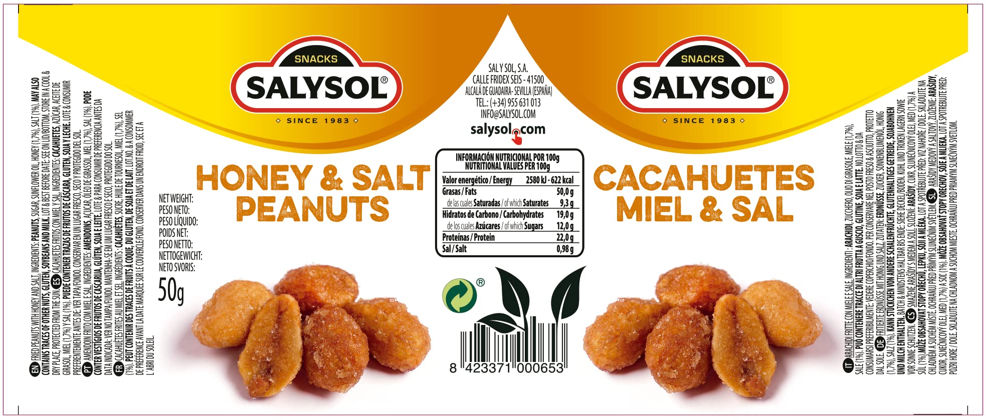 SALYSOL | Cacahuetes con Miel 10x50 gramos. Aperitivos de cacahuetes con miel y sal envasados al vacío. Snacks fritos originales crujientes y sabrosos.