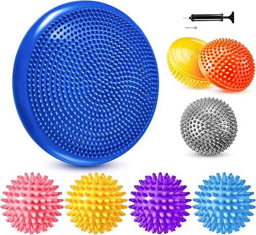 Meooeck Juego de cojines inflables para niños sensoriales con 3 cápsulas de equilibrio y 4 bolas de masaje con puntas, almohadillas de asiento para