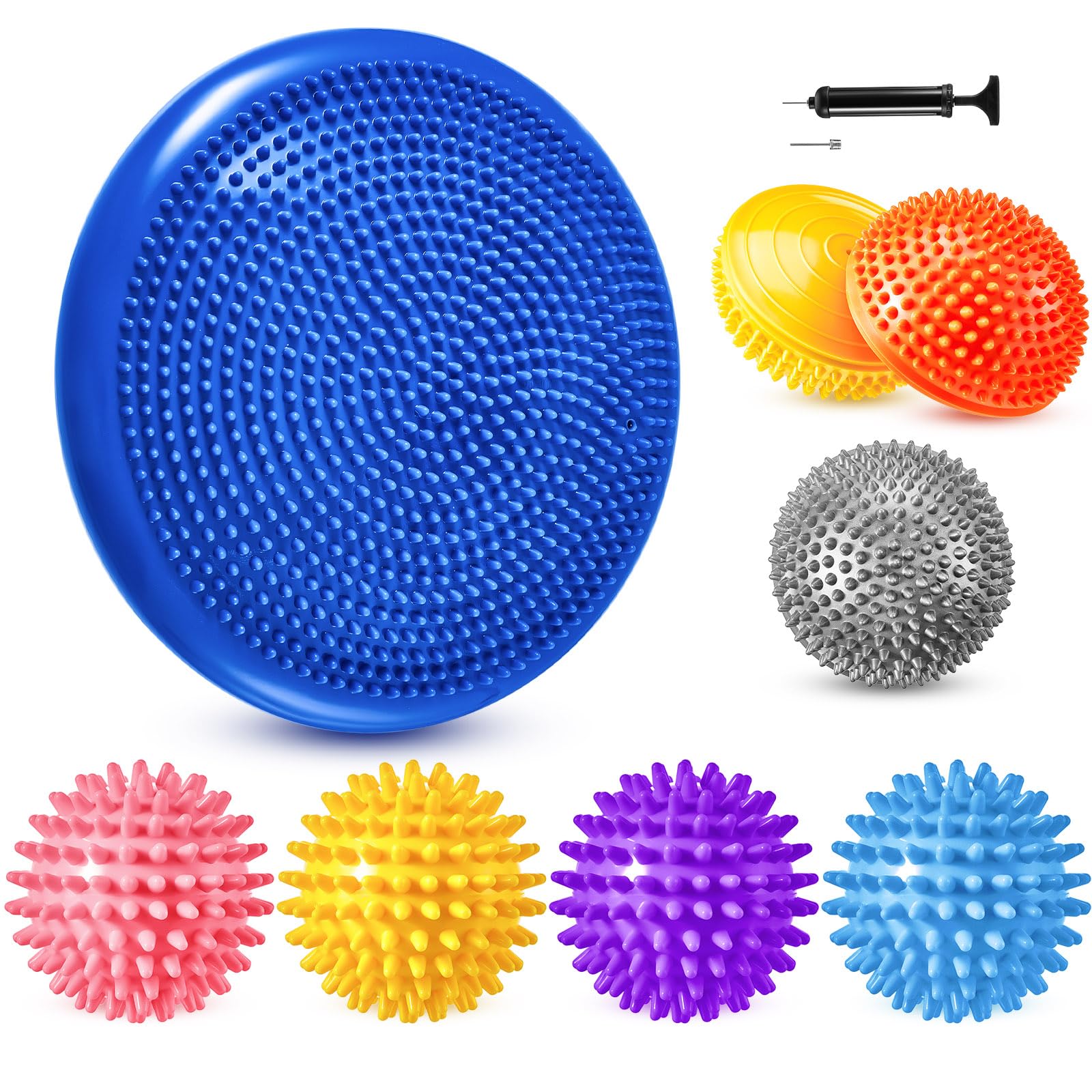 Meooeck 8pcs Hedgehog Balance Pods with Hand Pump Including 1 Balanced Pad, 3 Balance Pods, 4 Spiky Massage Balls for Body Balancing, Sensory Play for