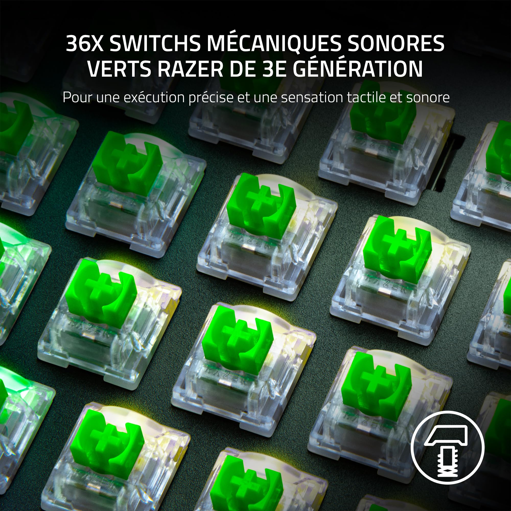 Razer Pack de Switches Mécaniques - Switches Verts Clicky (3e Gén, Logement de switch transparent avec lentille LED, Jusqu'à 100 millions de frappes, Connecteurs à 3 broches polyvalents)