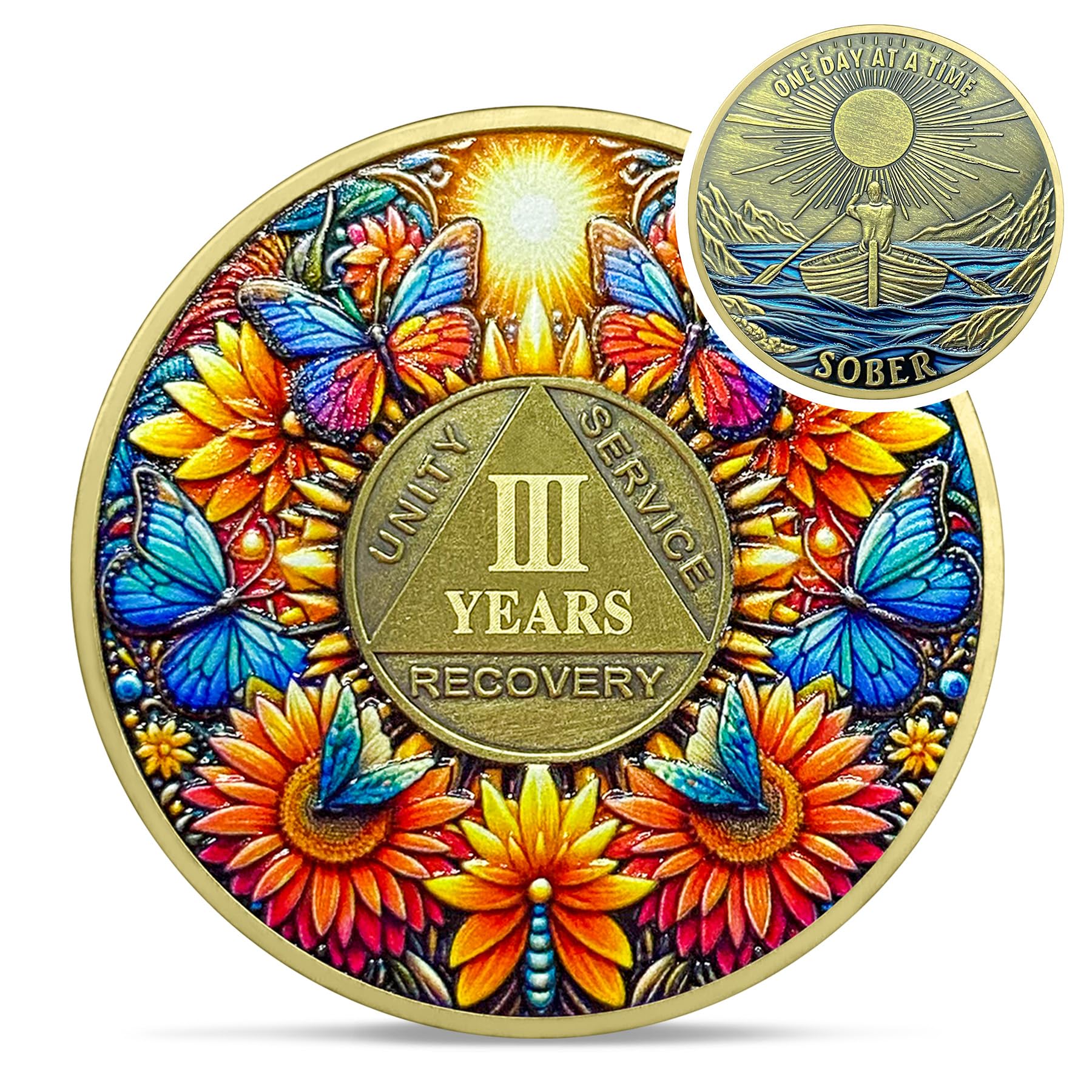 Delicate Sunflower 3 Year Sobriety Coin - Three Year Recovery Butterfly AA Coins - One Day at A Time NA HA AA Chips and Medallions - 1-10 Years Living Clean Alcoholics Anonymous Gifts for Men Women โ image 1