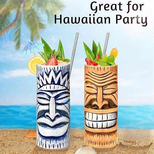 Miniatura 4 de Tiki - Juego de 2 tazas Tiki con posavasos de cerámica Tiki tazas de 15 onzas hechas a mano, diseño único, perfecto para fiestas hawaianas