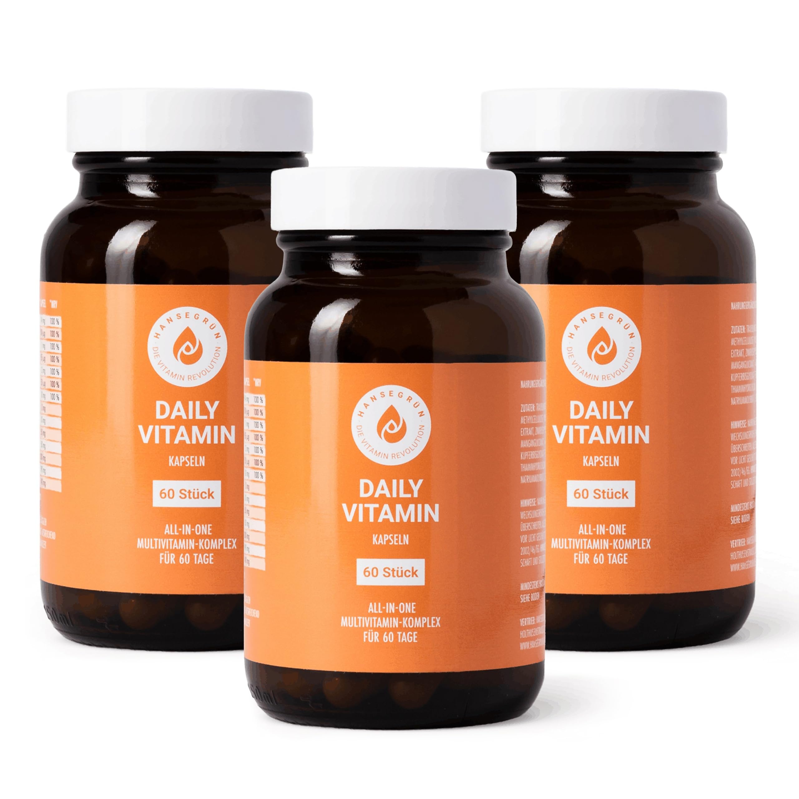 Hansegrün - 3x Daily Multivitamin Kapseln - 60 Kapseln - Trägt zu einem normalen Immunsystem¹, Zellschutz², Knochen & Muskeln³, Haut & Haare⁴, Energiestoffwechsel⁶ bei - ohne künstliche Zusatzstoffe