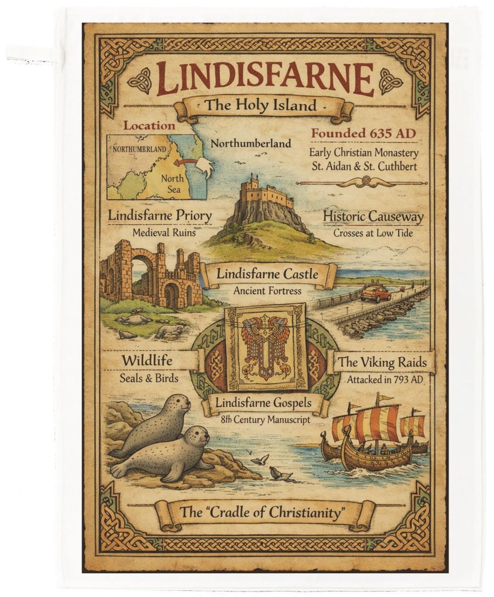 Half A Donkey White Lindisfarne Holy Island Large Cotton Tea Towel