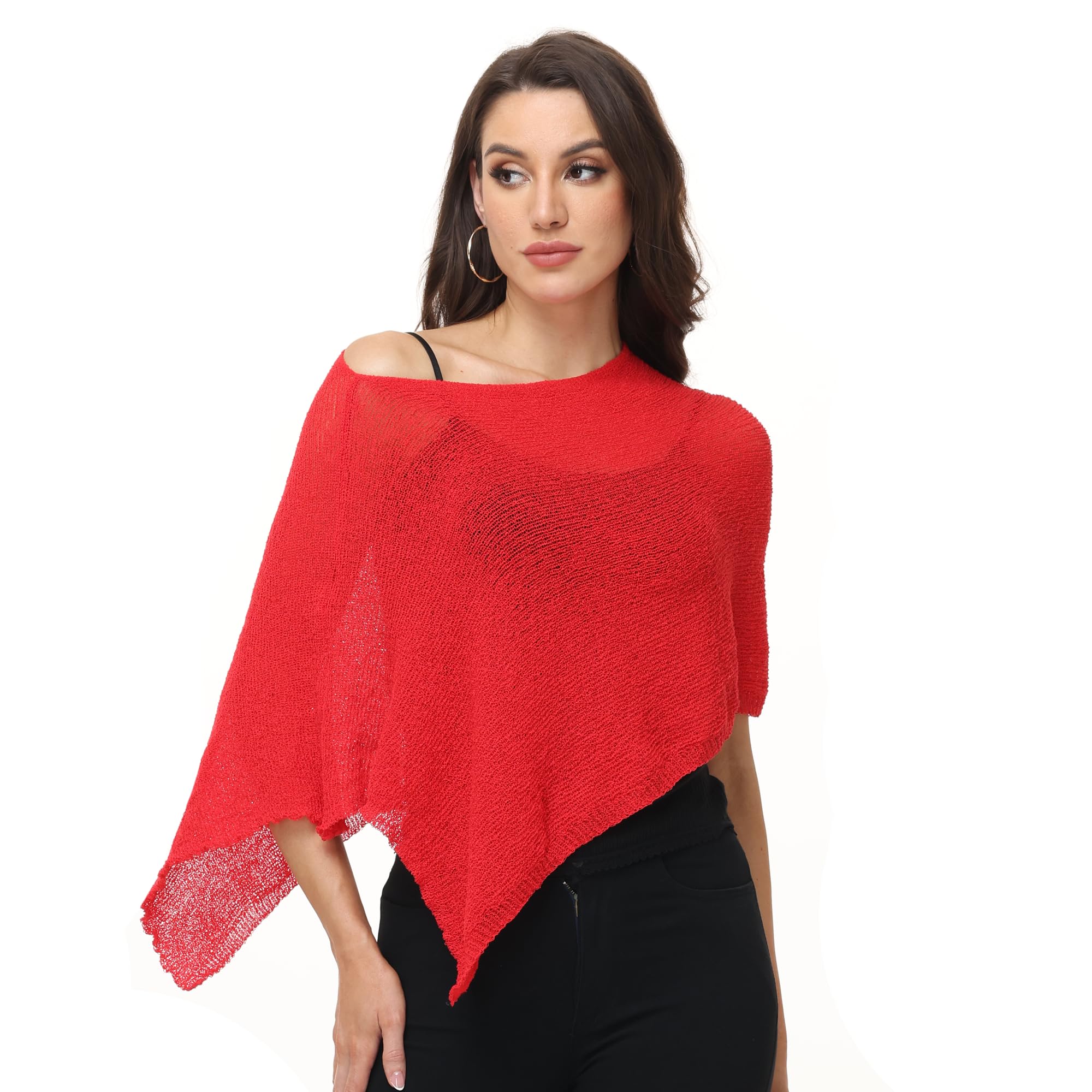 Ladiery Women's Red Sheer Poncho Top Swimsuit Cover Up - Asymmetrical Shrug For Evening Dresses, Formal Beach & Resort Cape (Red)