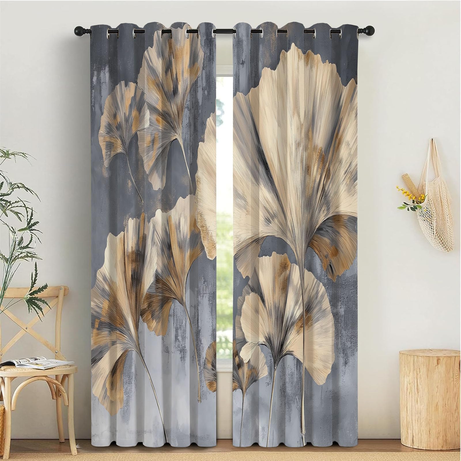 Rideau Occultant Thermiques 140x180 cm Feuille De Ginkgo Vintage Isolant Anti Froid Chaleur pour Salon Chambre Séparation de Pièce pour Cuisine Rideau Dressing Lot de 2 à Oeillets