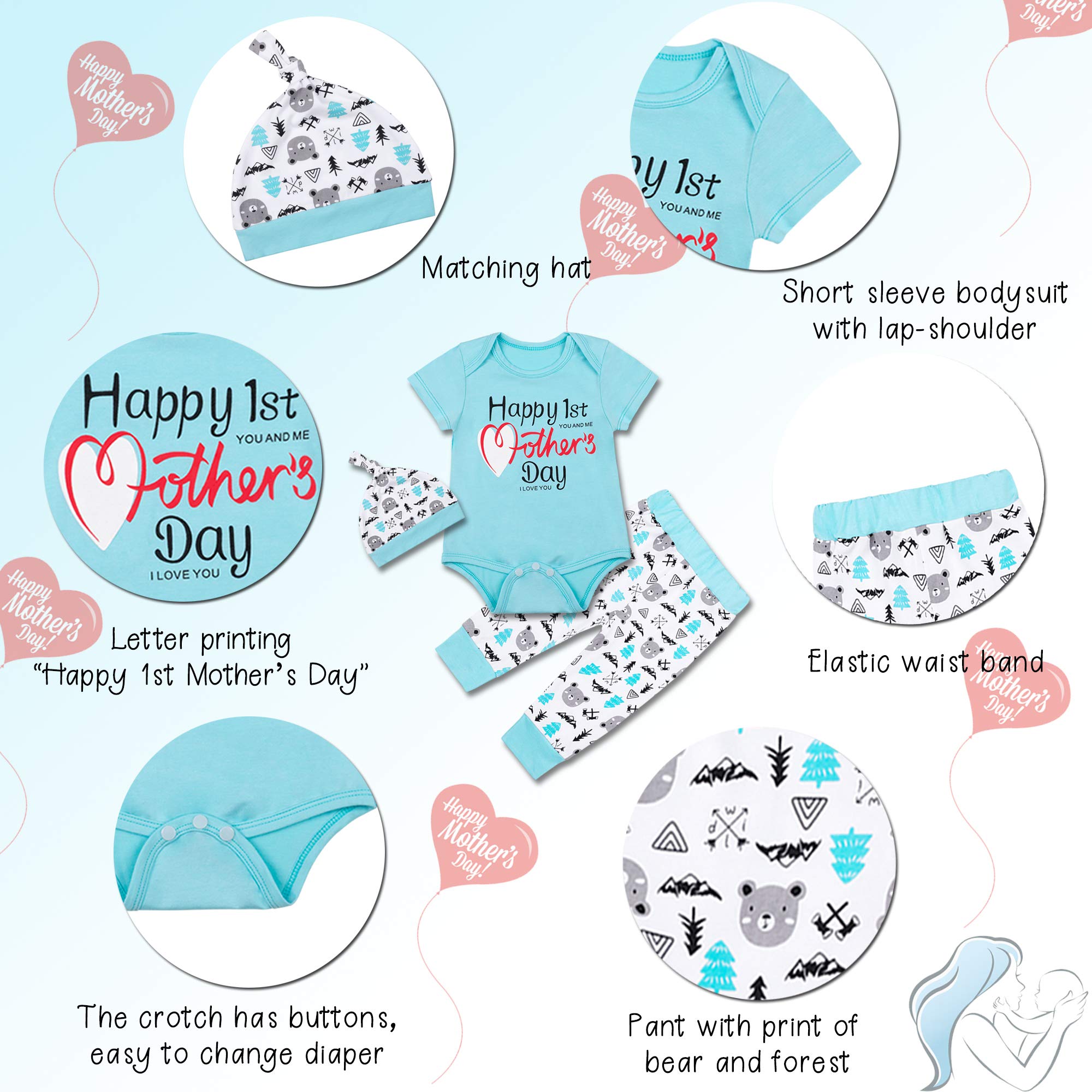 Little Fancy Baby Boys' Girls' Happy 1st Mother's Day Outfit Set Romper Bear Pants with Hat (12-18 Months) Blue