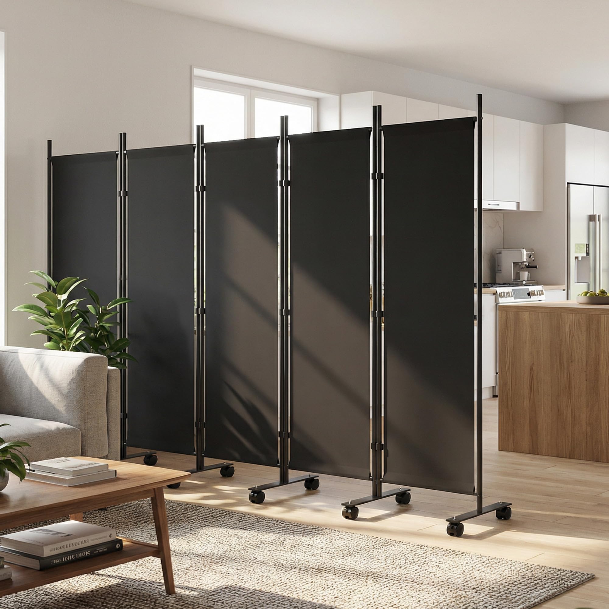 Outsunny Paravento da Interno a 5 Pannelli Pieghevole, 252x40x170 cm Separe Divisorio Interno in Acciaio con 12 Ruote, Divisorio per Ambienti Autoportante per Casa, Soggiorno e Ufficio, Nero