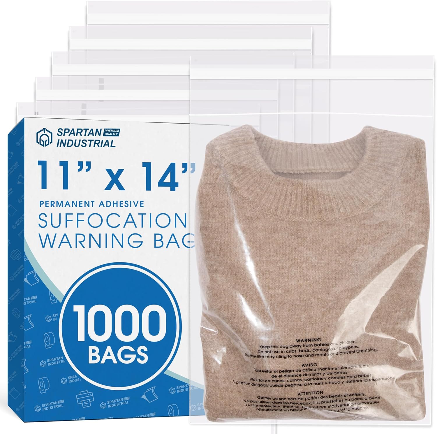 Spartan Industrial - 11" X 14" (1000 Count) Self Seal Clear Poly Bags with Suffocation Warning for Packaging, T Shirts - Permanent Adhesive