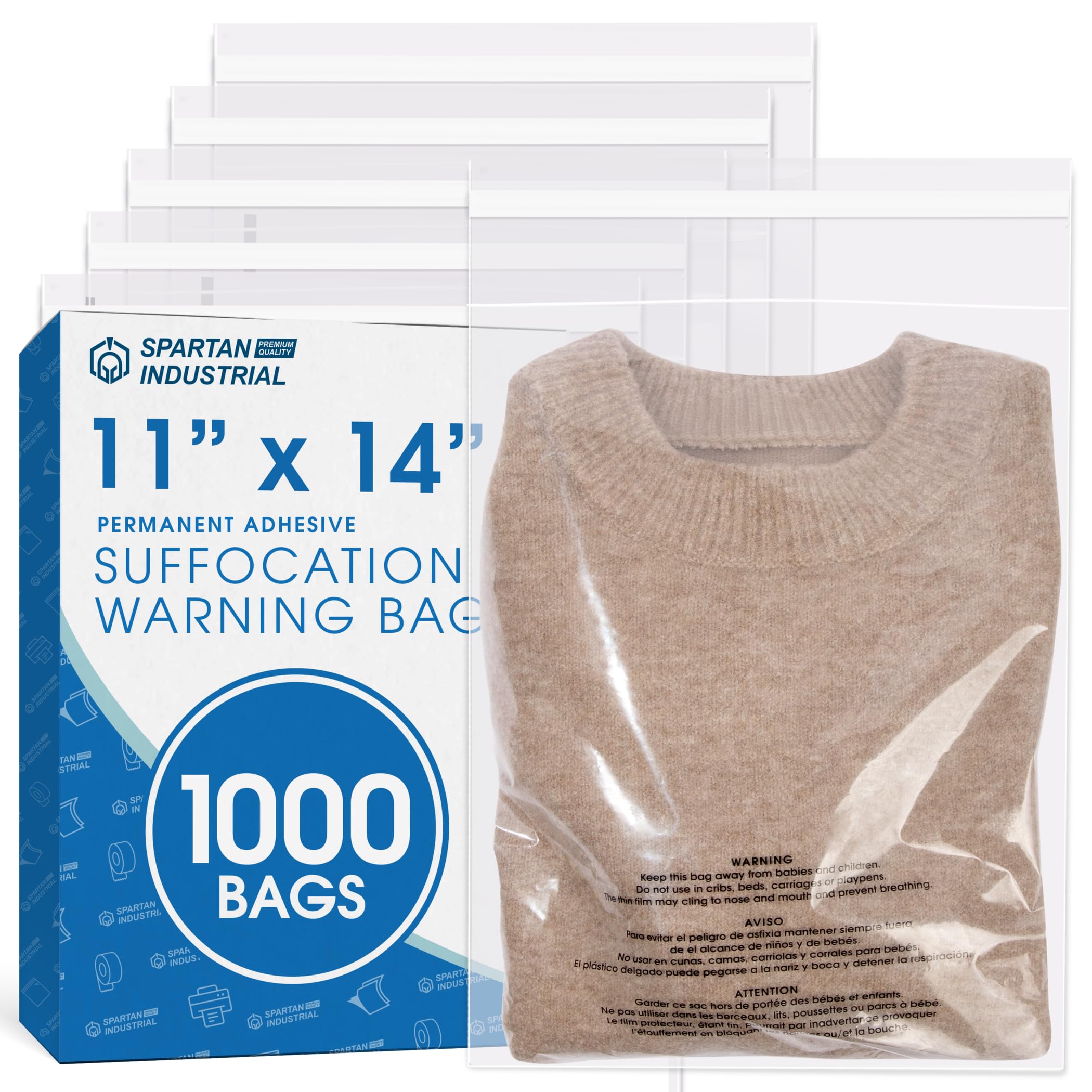 SPARTAN INDUSTRIAL - 11" X 14" (1000 Count) Self Seal Clear Poly Bags with Suffocation Warning for Packaging, T Shirts - Permanent Adhesive