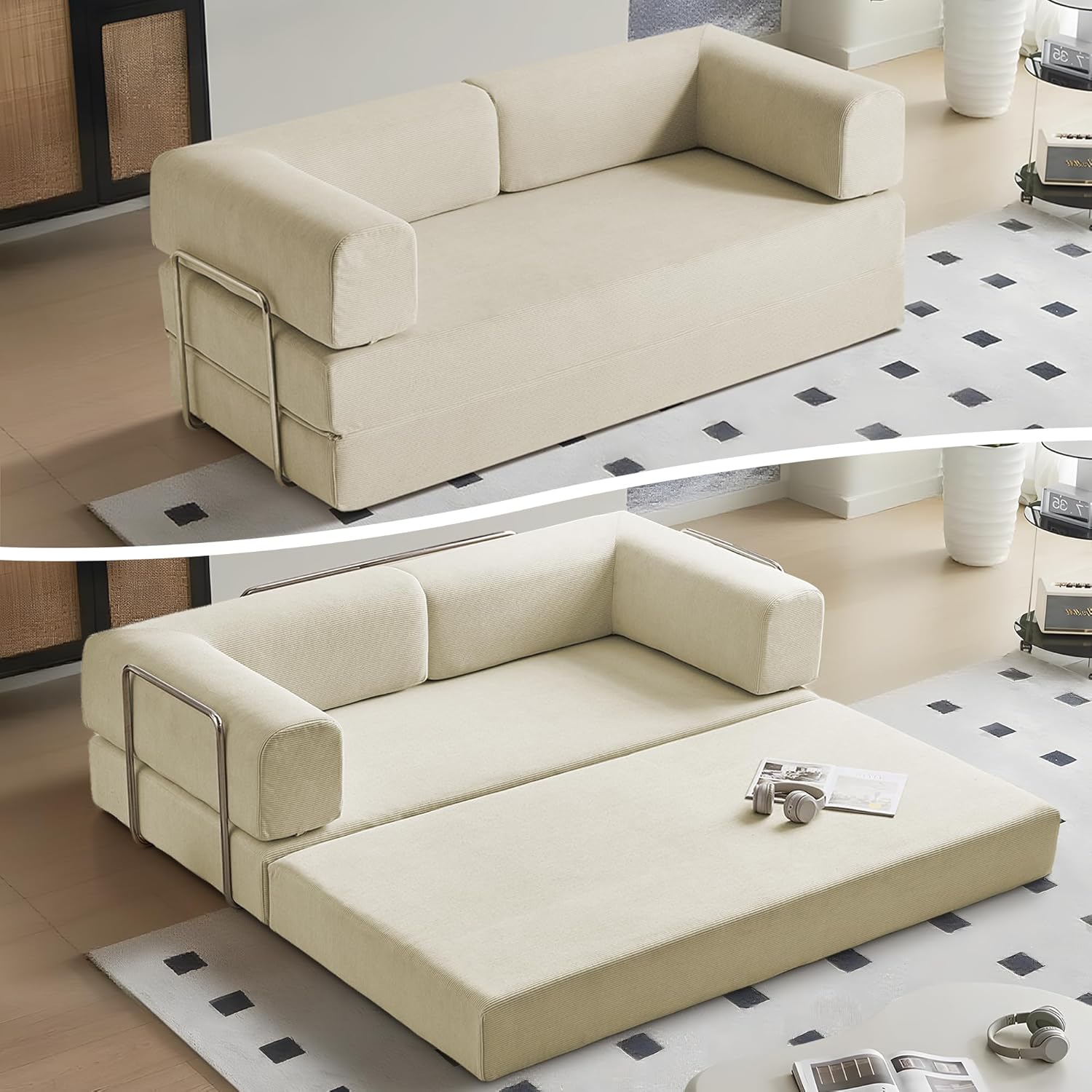 Convertible Folding Sofa Bed, 4-in-1 Foldable Loveseat Sleeper Corduroy Floor Sofa Comfy Pull Out Modular Futon Couch for Living Room Apartment Bedroom, Grey