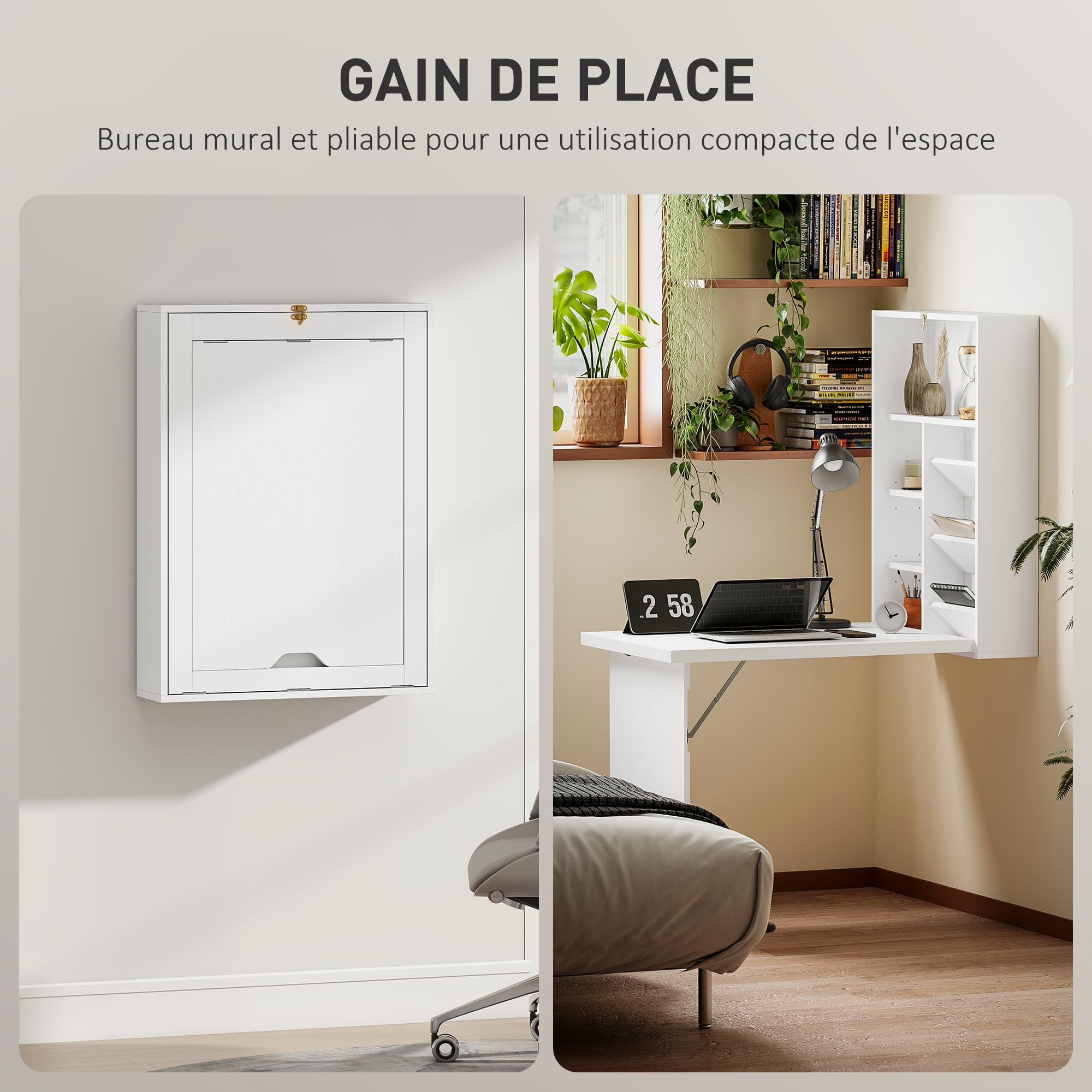 HOMCOM Bureau Pliable Mural avec étagères de Rangement, Bureau Rabattable, Table Murale Pliante, Gain de Place idéal pour Salon, Salle à Manger, Petit Espace, Blanc