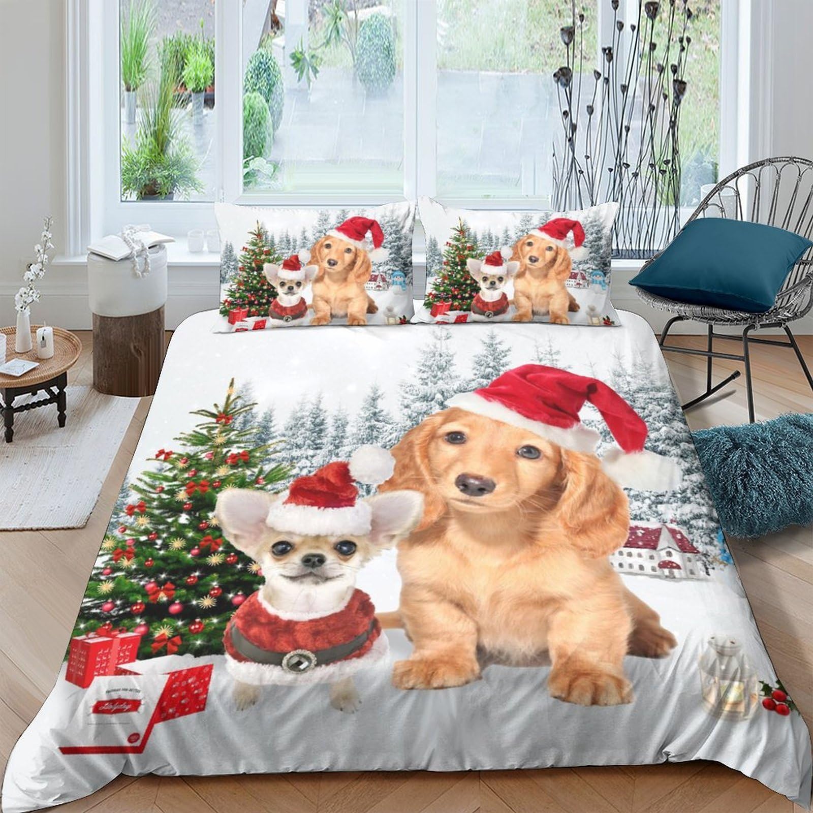 Ctjqhvkz Style-8 3D Printed Christmas Dog Fitted Sheet Microfiber Soft Festive Puppy Santa Bed Cover For Bedroom Guest Room Mattress Protection Single（135X200cm）
