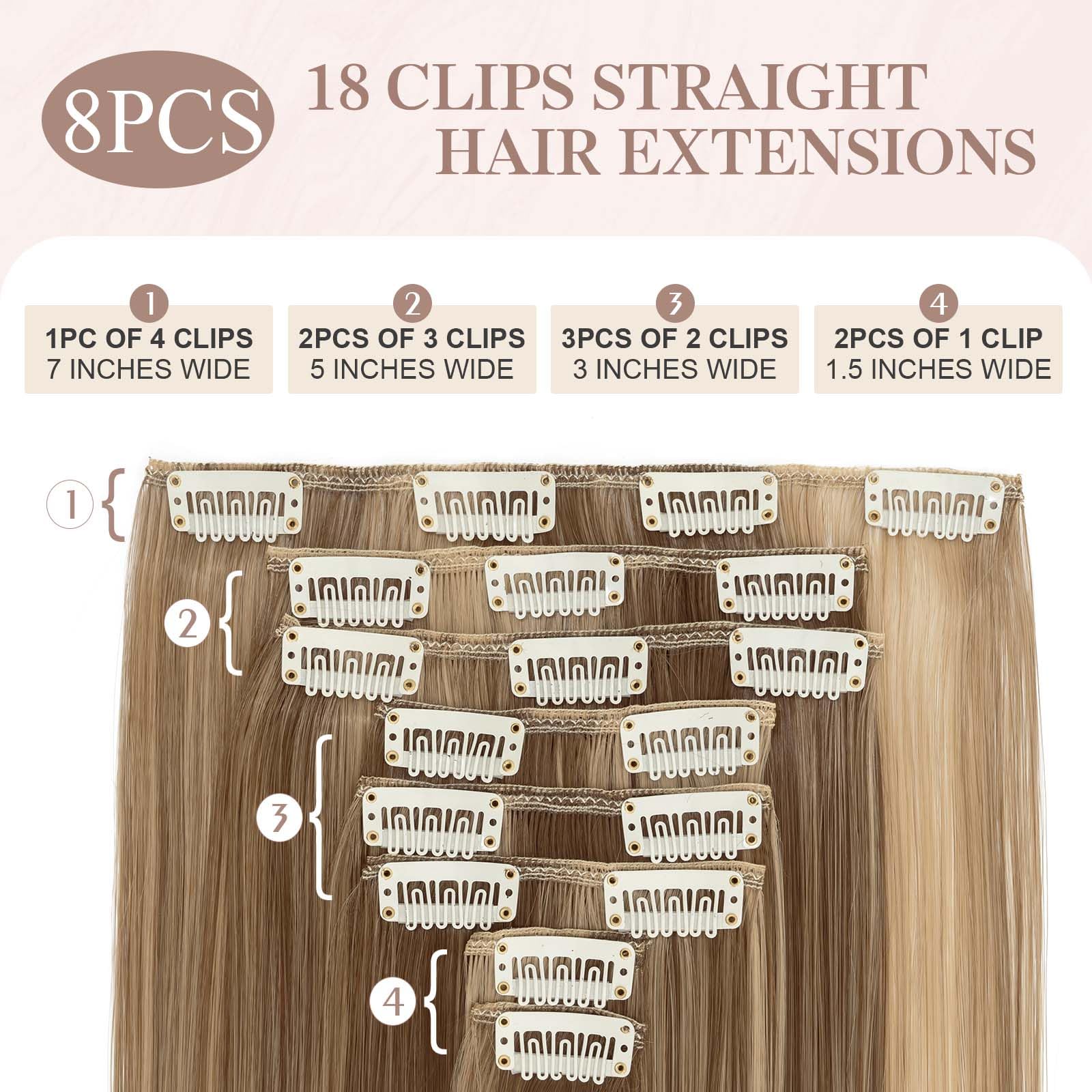 SEGOHAIR Hair Extensions Clip in 8Pcs 18 Clips Synthetic Fiber Seamless 26" Long Straight Full Head Golden Brown mix Dark Blonde - Image 2