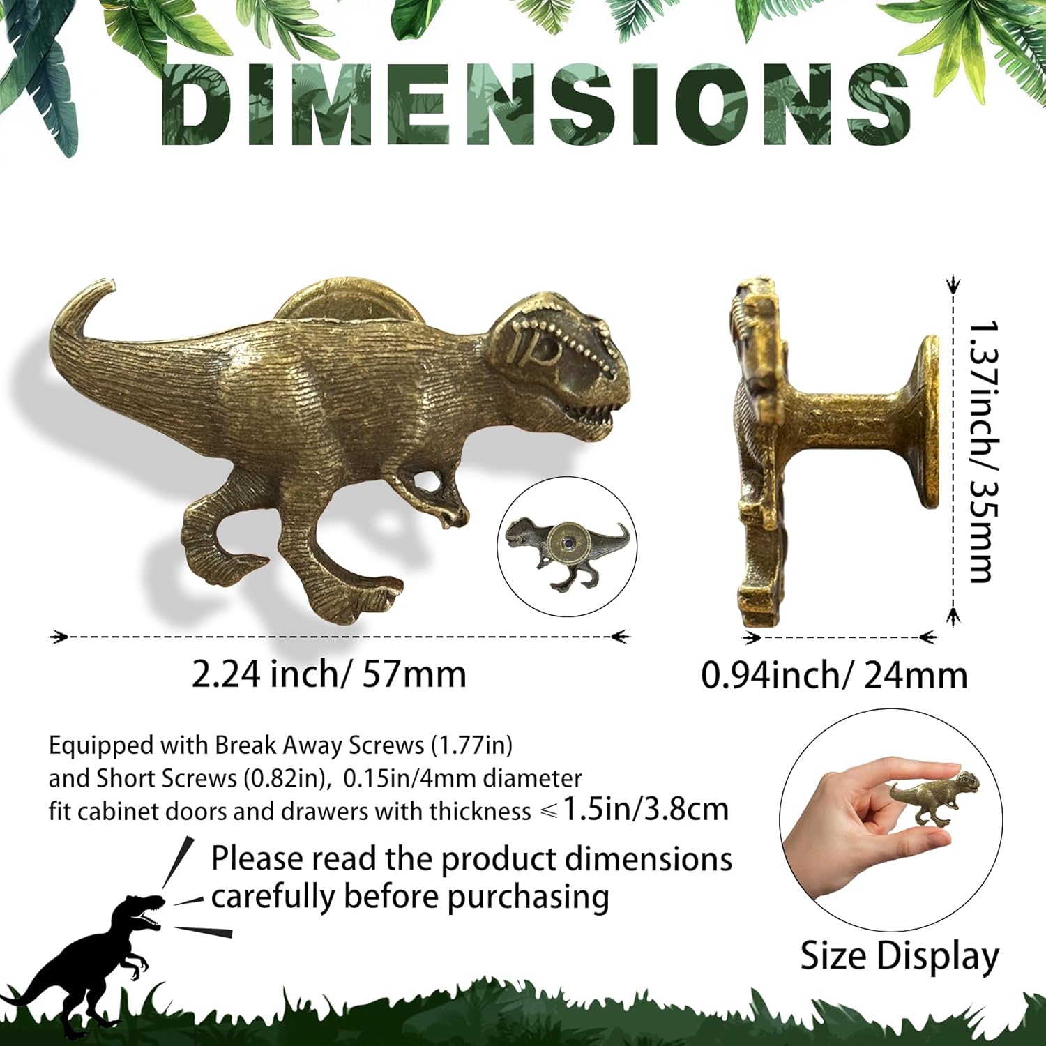T-Rex Dinosaur Drawer Knobs 2.2 * 1.3" 6Pcs Cute&Cool 3D Dinosaur Cabinet Pulls, Jurassic Theme Dresser Knobs for Kids Room, Nursery, Playroom, Dinosaur Lovers with 2 Sizes of Screws