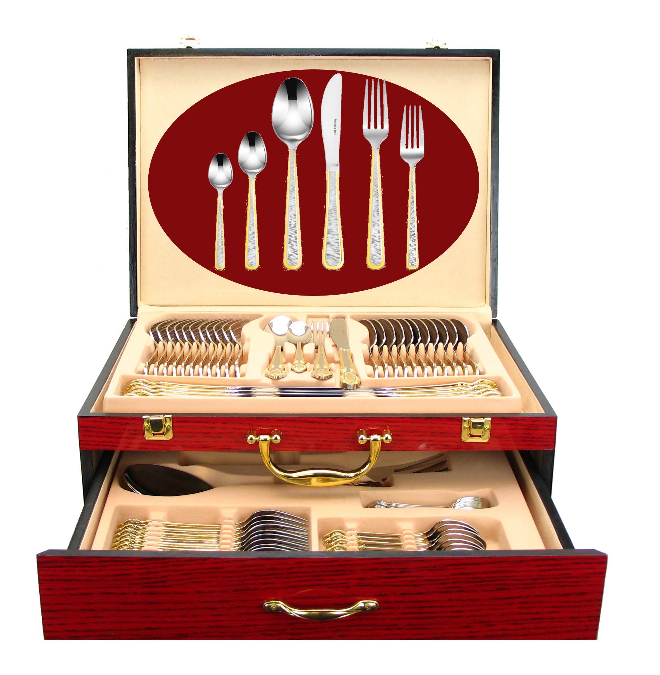 Venezia Collection 75-Pc Luxury Flatware Set for 12 w/Storage Case 24K Gold Premium Dining Cutlery Service - 18/10 Surgical Stainless Steel Silverware Hostess Serving Set