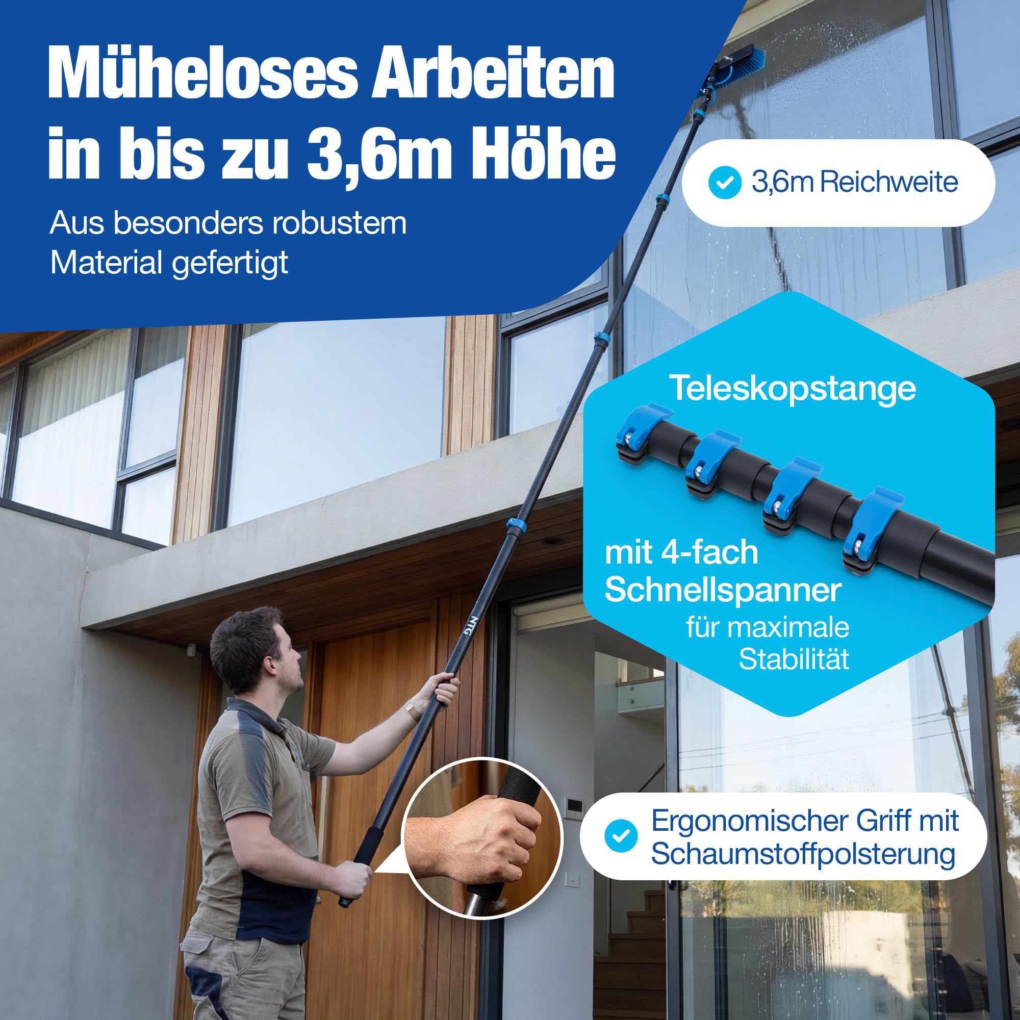 NTG Spazzola telescopica per lavaggio fino a 7 m, 3 in 1, estrattore + attacco acqua, innovazione con valvola di trazione, set di pulizia per giardino d'inverno (3,6 m + pulitore)