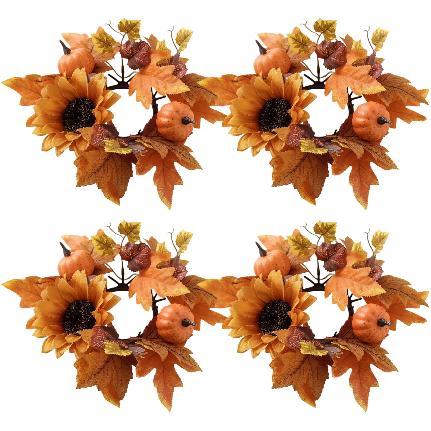Bemonew Fall Candle Rings 4Pcs 10in Artificial Candle Wreath with Maple Leaf, Pumpkin & Sunflower Silk Decorative Rings for Centerpieces, Halloween, Harvest, Thanksgiving
