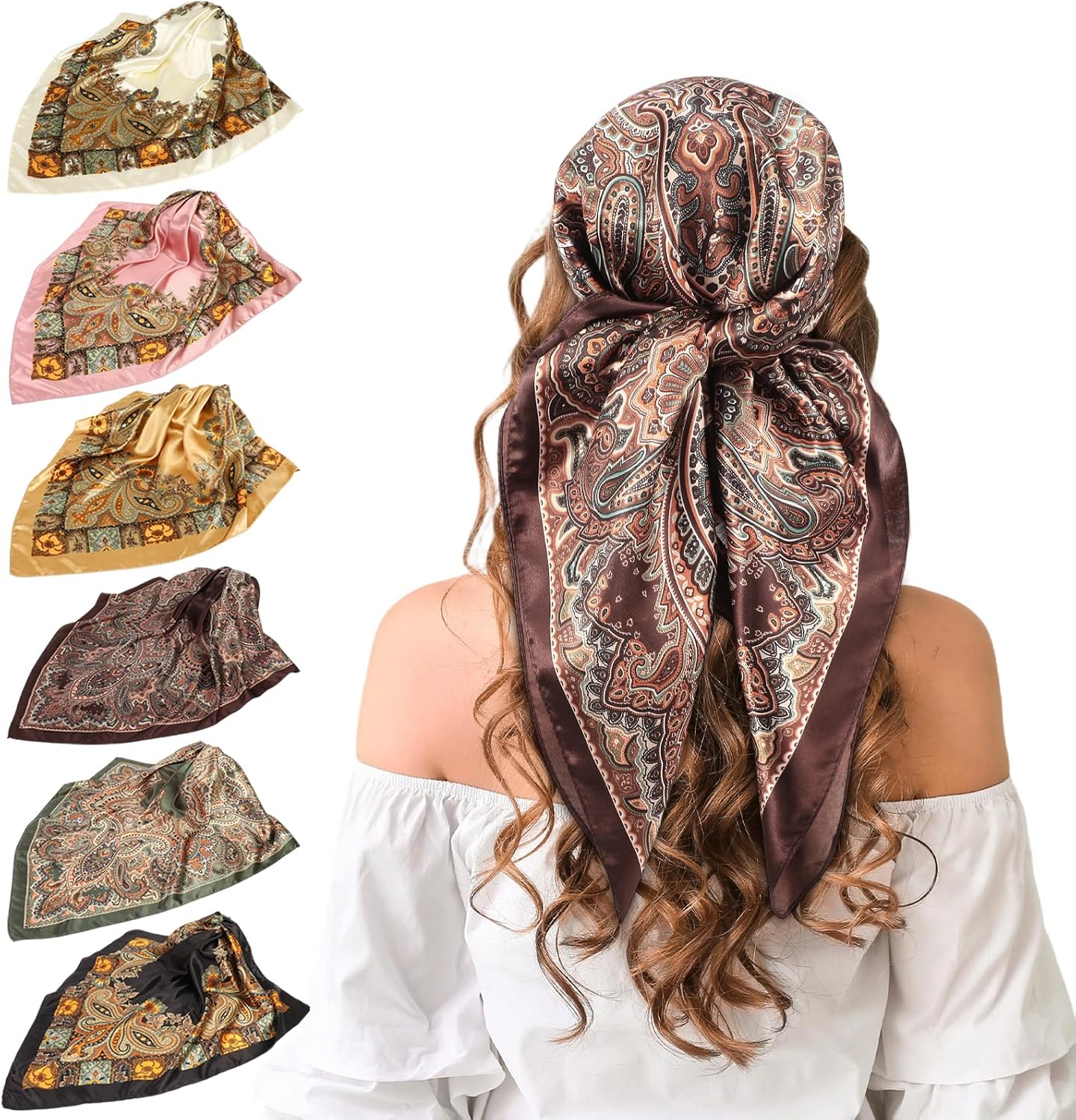 JATEBI Women Large Satin Scarf Square Wraps Silk Feel | Vintage Print & Solid Color Bandana for Hair, Head, Neck - Soft Lightweight Big Bandana Scarves for Daily Wear