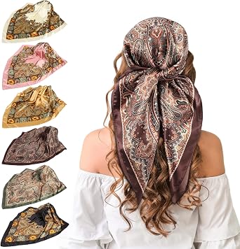 Meng Jiaran 6 Pack Large Square Satin Head Hair Scarf Bandana for Women