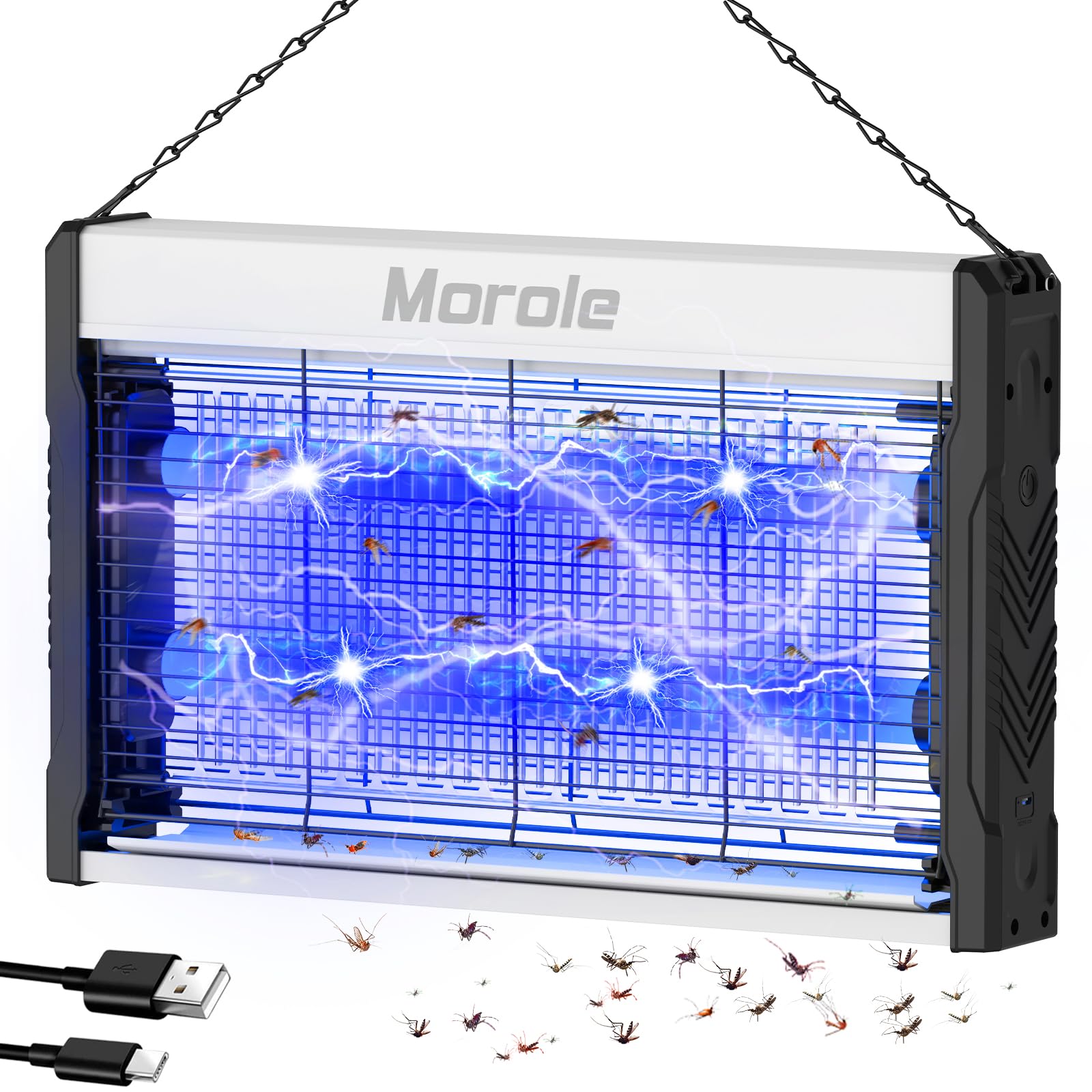 Insektenvernichter Elektrisch 3200V, Morole USB-C Mückenfalle mit Schalter, Insektenvernichter mit 2 LED UV Lampen und Kabel, Wandmontierter Ultraviolette Mückenlampe, Innen und Außeneinsatz, Garten