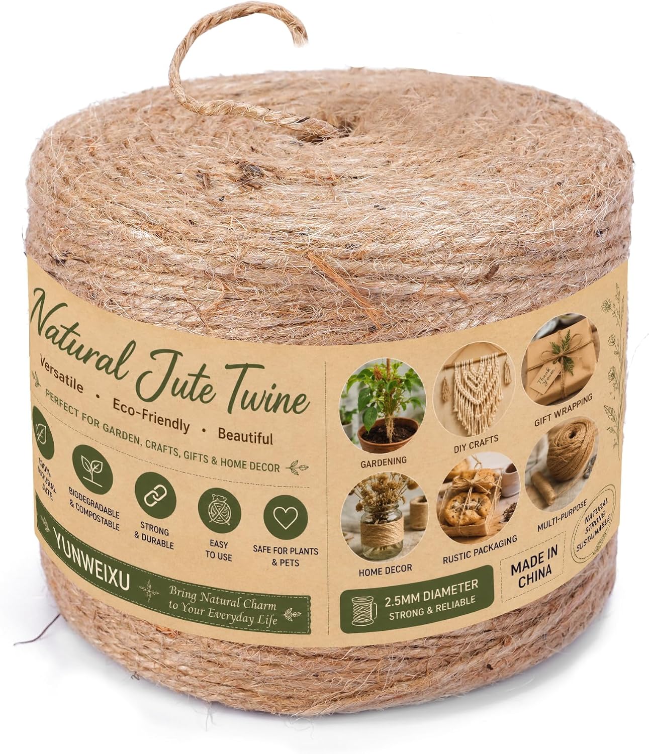 2.5mm Natural Jute Twine, 1000FT Bulk Garden Rope for Crafts | Heavy-duty twine for tomatoes & gardens. Ideal for farmhouse style crafts. Note: Natural jute sheds more than sisal.