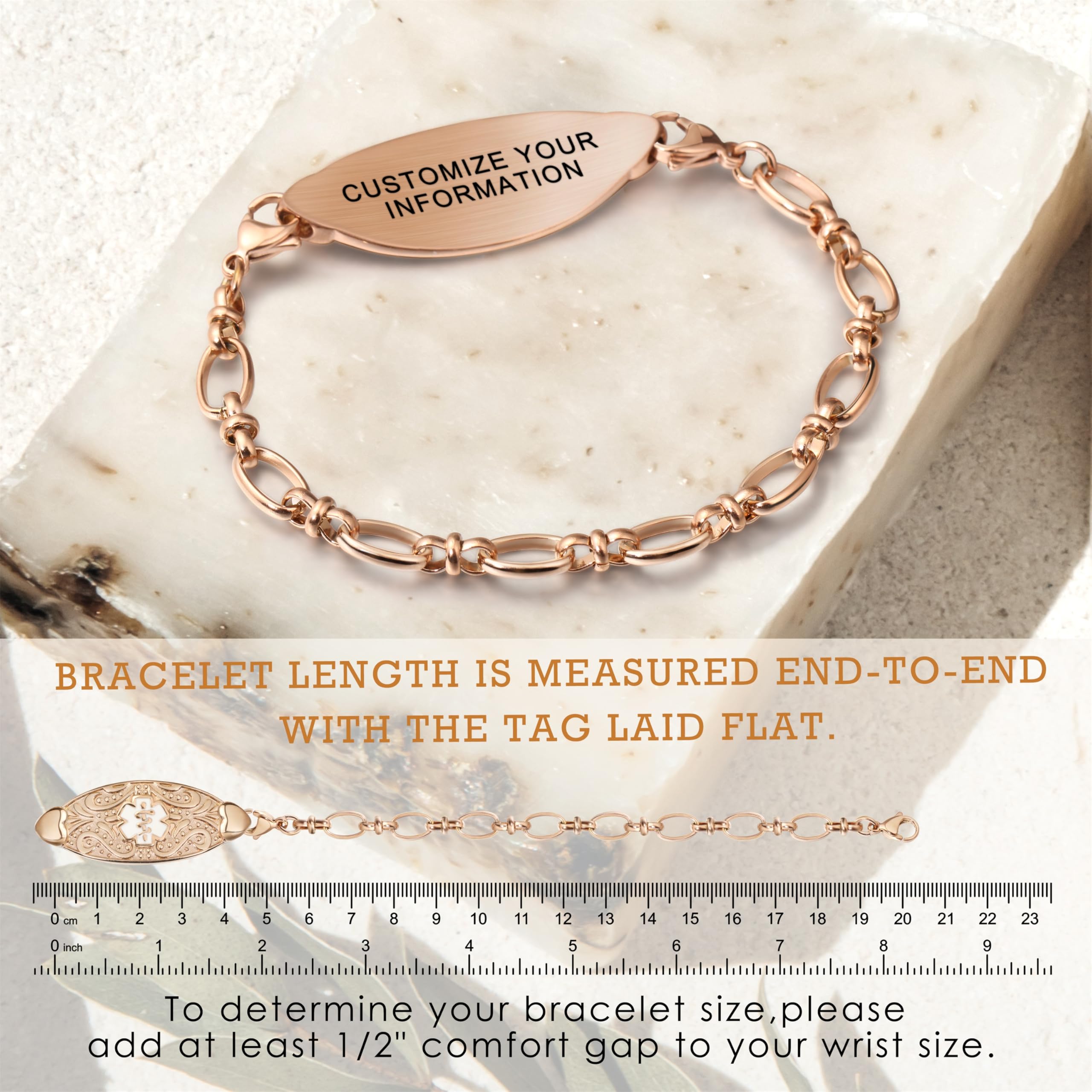 BURISSKY Customized Medical Alert Bracelets for Women with Engraving,Personalized Womens Medic ID Bracelet Life Alert Emergency Identification Jewelry (Rose Gold, 7.0 Inches)