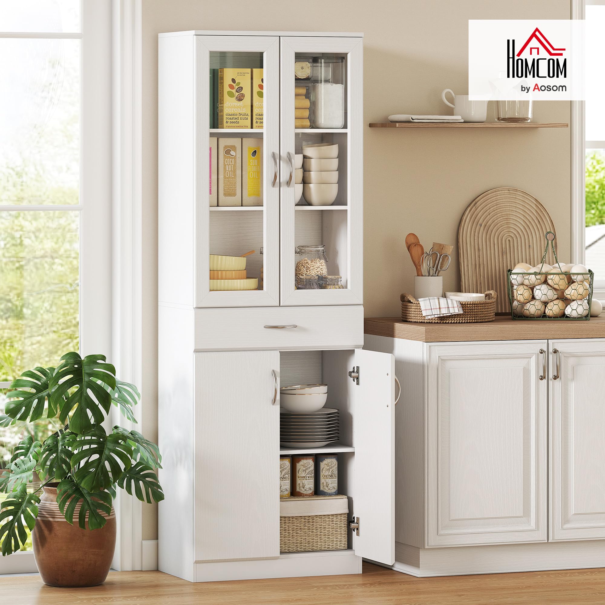 HOMCOM Credenza Cucina Alta 180cm, Mobile Dispensa con Ante in Vetro Soft-Close, Cassetto, 2 Armadietti, Ripiani Regolabili, Mobile Cucina Moderno per Sala da Pranzo Soggiorno, Bianco