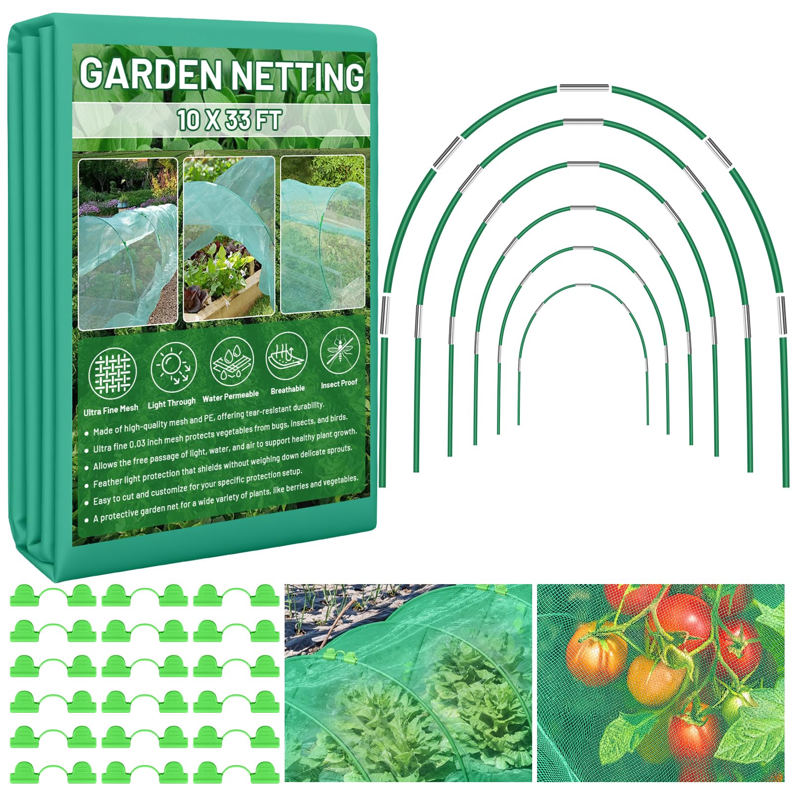 Photo 1 of Sunwinx Garden Mesh Netting Kit for Raised Beds, 10x33FT Ultra Fine Mesh Netting& 6 Sets 8FT Fiberglass Garden Hoops, Insect Netting Row Cover, Pest Barrier Protection for Vegetable Fruits Flowers