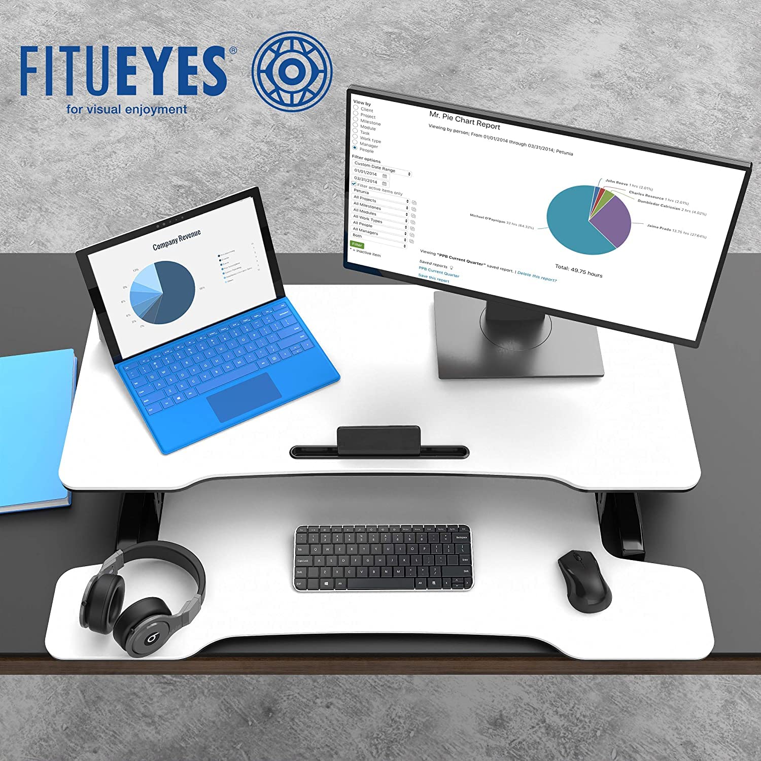 FITUEYES Convertitore da Scrivania In Piedi Grande 36''/91.5cm Standing Desk Converter per Doppio Monitor Regolabile in Altezza con Vassoio per Tastiera e Supporto per Telefono (Bianco)