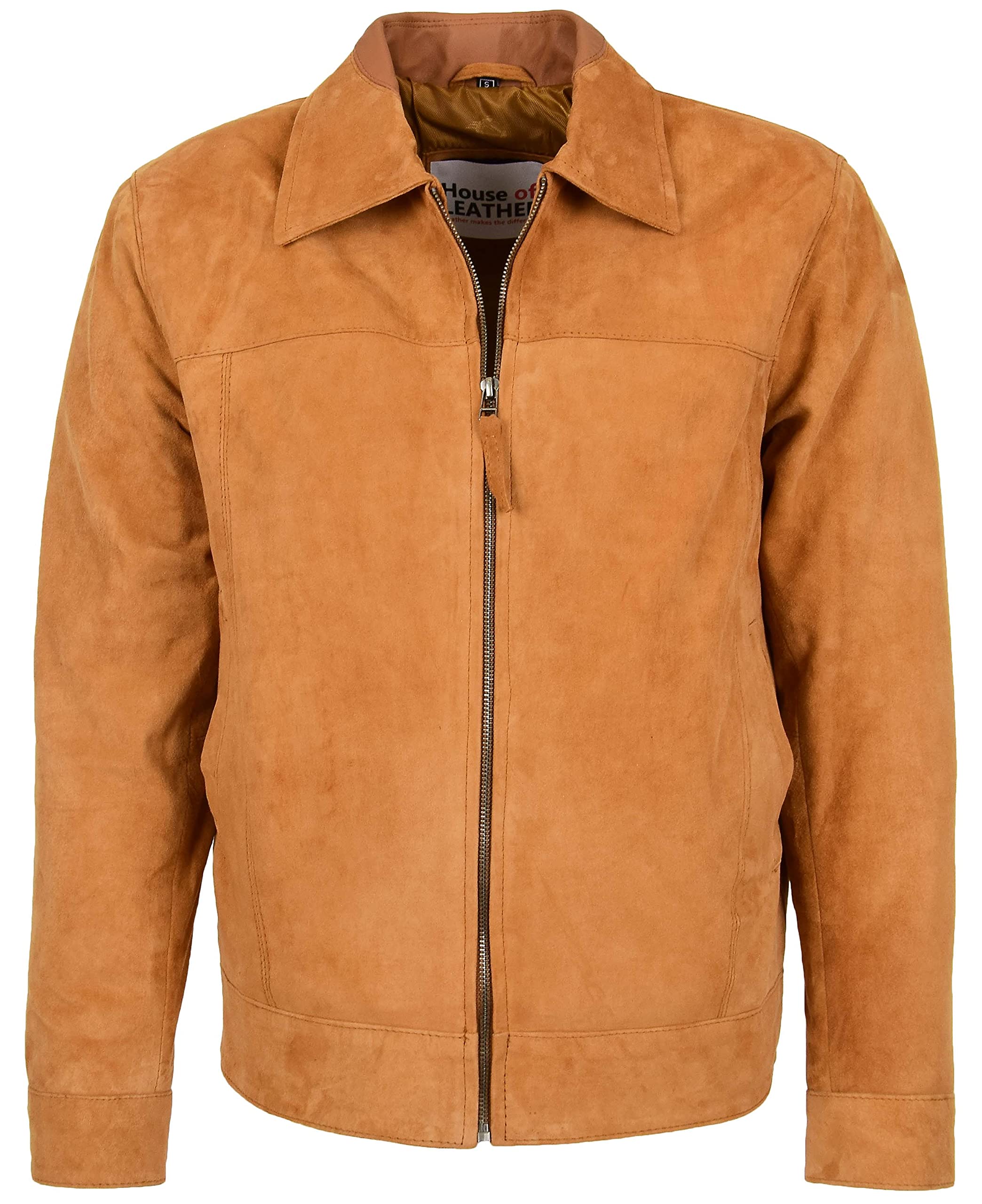 House Of Leather Men's Tan Real Suede Harrington Jacket Classic Zip Box Style Larry (3Xl, )