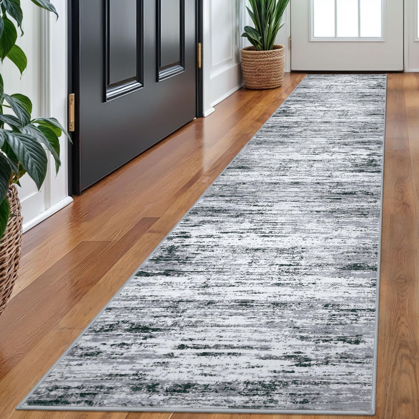 Lansny Modern Abstract Runner Rug 2x10, Black Grey White Washable Long Kitchen Runner Non-Slip Soft Hallway Rug Runner Thin Print Faux Wool Carpet for