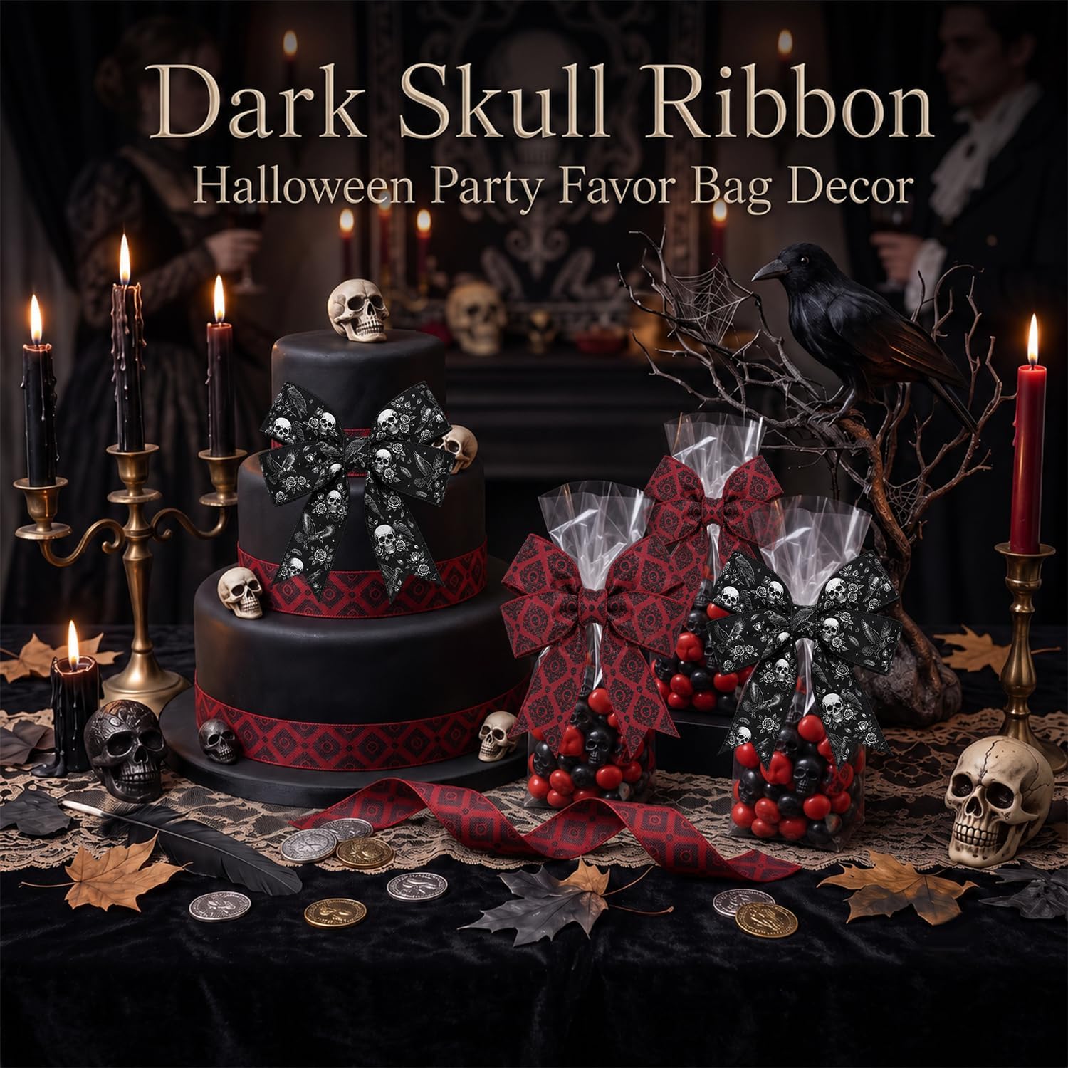 Gothic Wired Edge Ribbon 2 Rolls, Vintage Skull Pattern Ribbon