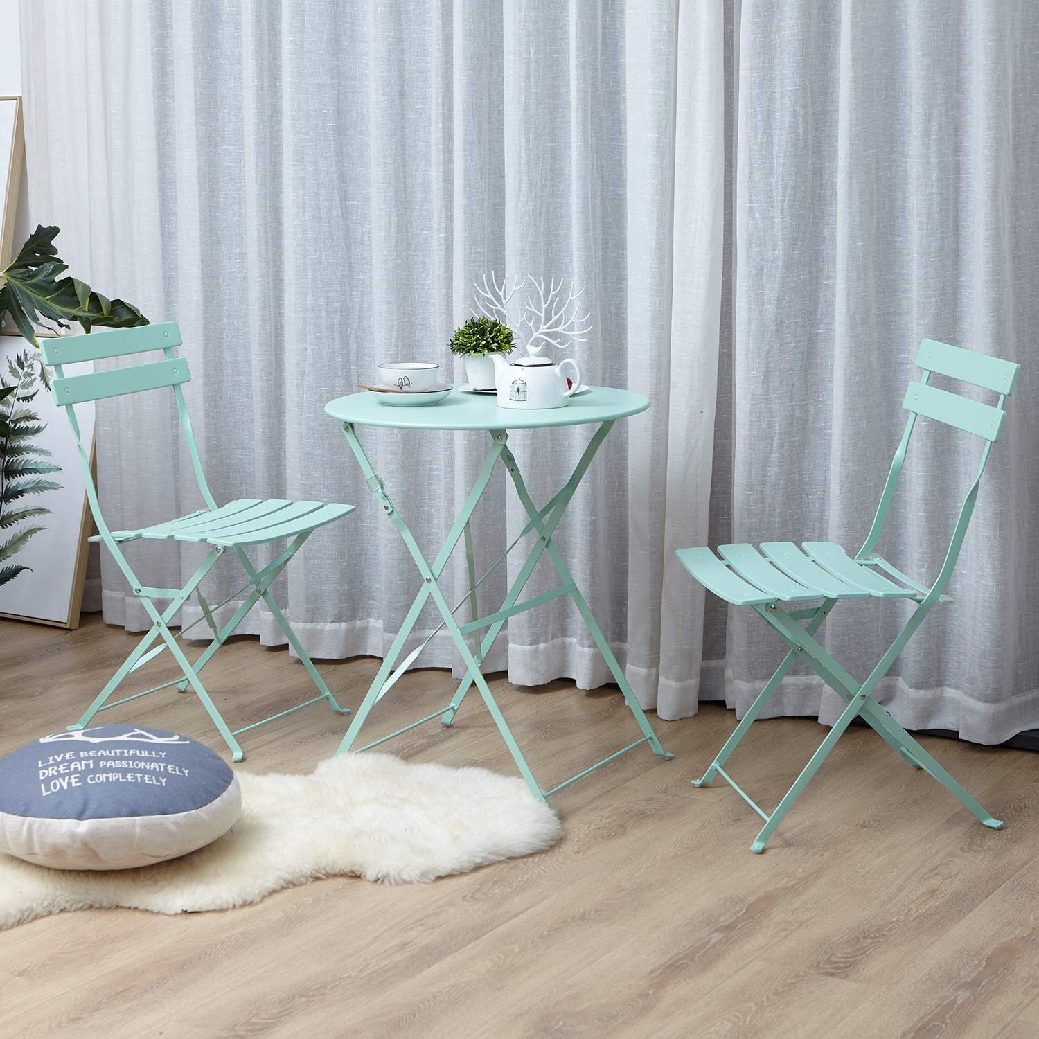 Grand patio 3pc Metal Folding Bistro Set, 2 Chairs and 1 Table, Weather-Resistant Outdoor/Indoor Conversation Set for Patio, Yard, Garden-Macaron Blue : Patio, Lawn & Garden