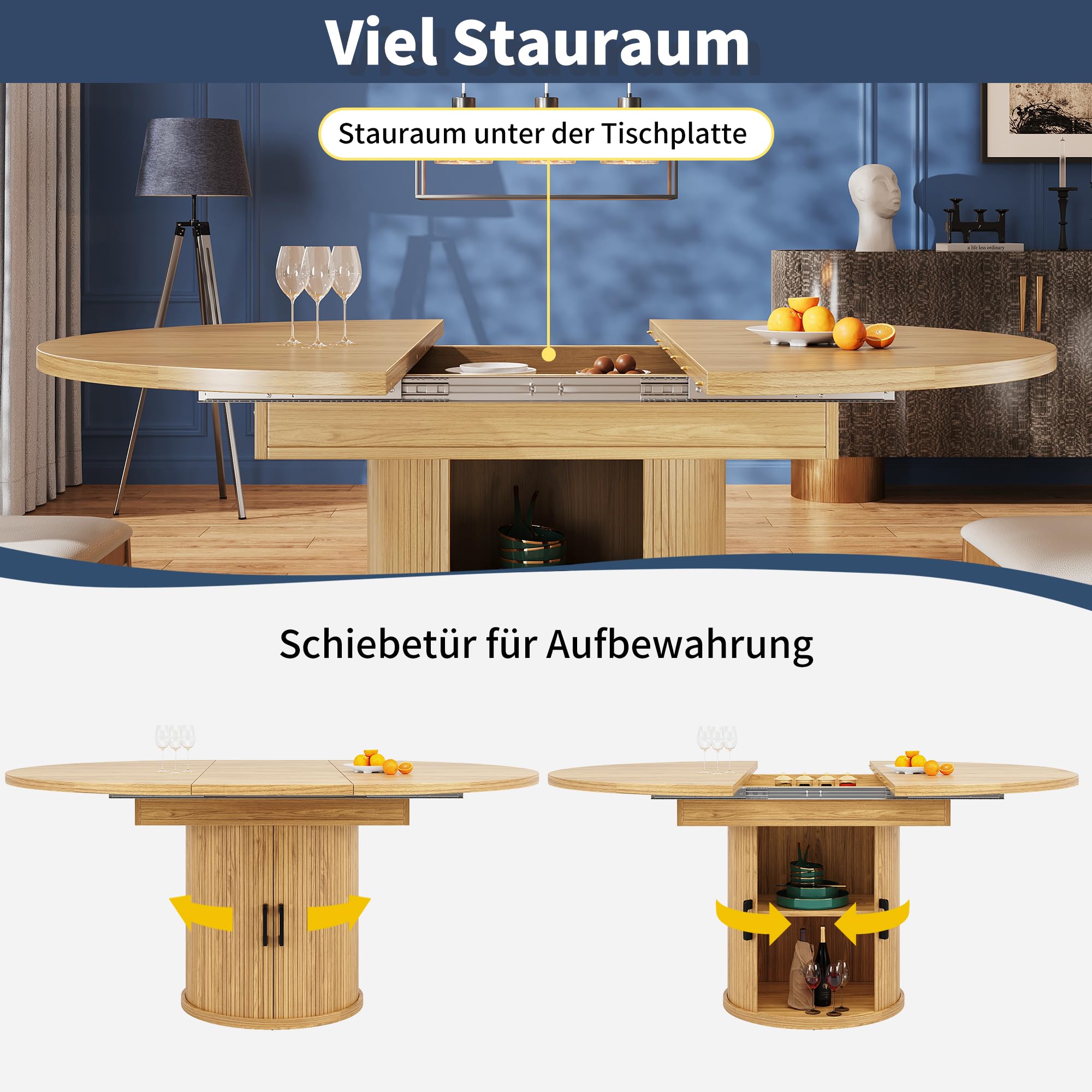 Exble Tavolo da pranzo rotondo 118 158 cm tavolo da cucina ovale per 6 persone tavolo da balcone in legno naturale h per soggiorno e sala da pranzo