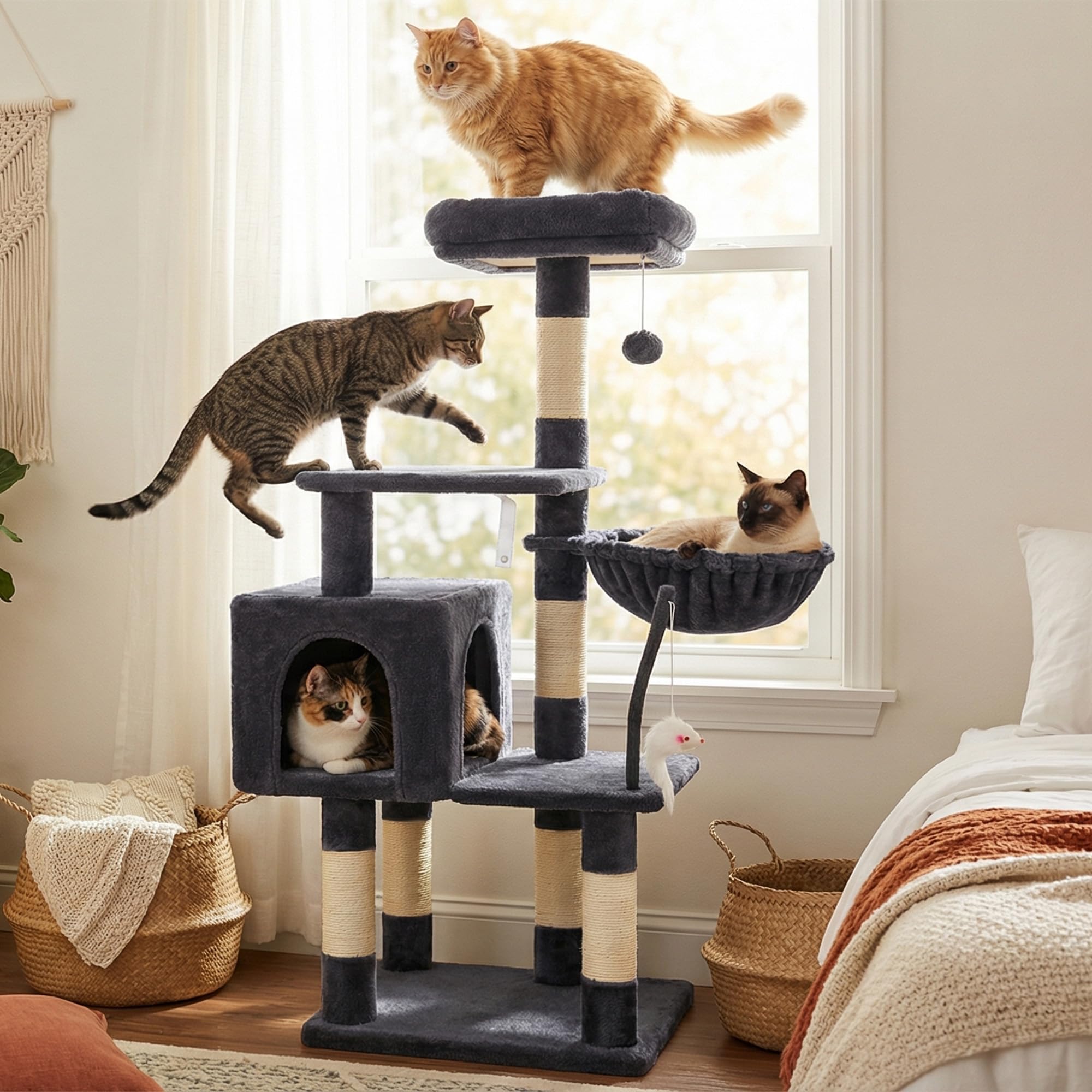 Hey-brother Tiragraffi per Gatti, con Cuccia, Topolino finto, MPJ004SG | 110cm Albero per Gatti Multilivello, Cesta, Piattaforme in Peluche, Pompon, Ideale per gattini da interno, Grigio Fumo