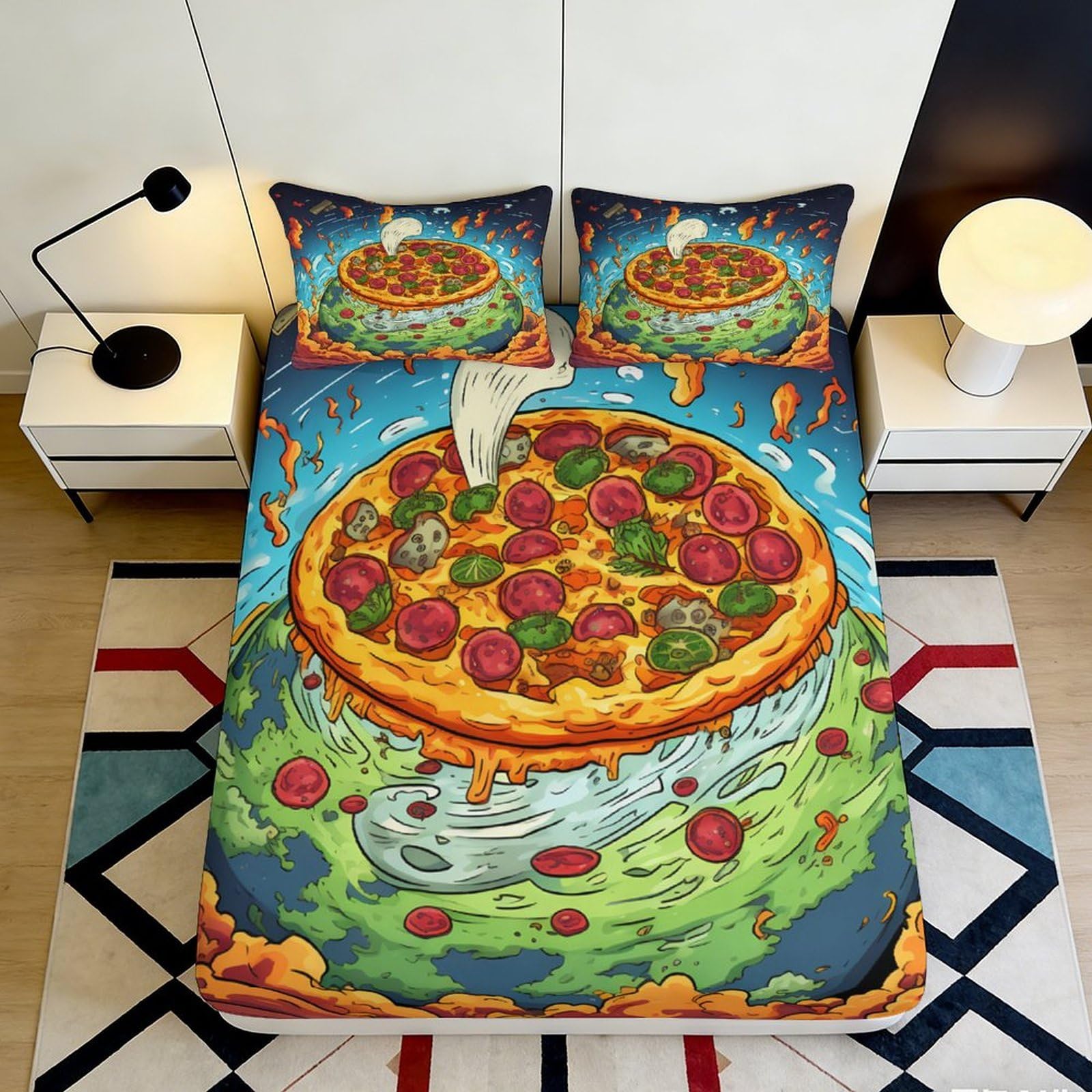 Pnayamiorkfel Style-6 3D Printed Cartoon Pizza Fitted Sheet Microfiber Soft Bed Cover Fun Food Art For Bedroom Guest Room 90X200x25cm
