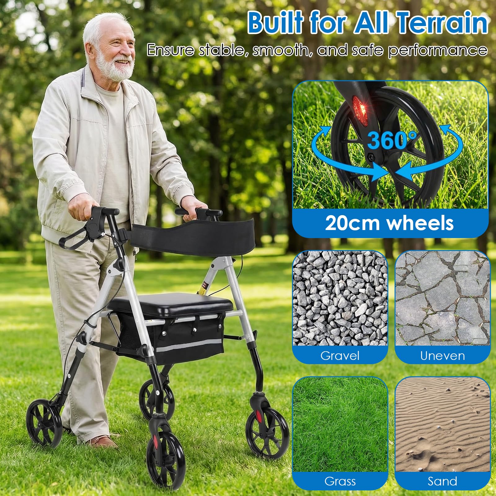 LIFERUN Rollator Faltbar und Leicht mit Sitz, Stabiler Gehwagen Rollatoren | 4 ×20cm All-Terrain Reifen, 8-fach Sitz und Griff Höhenverstellbar Gehhilfe mit Rückenlehne & Großer Tasche, für Senioren