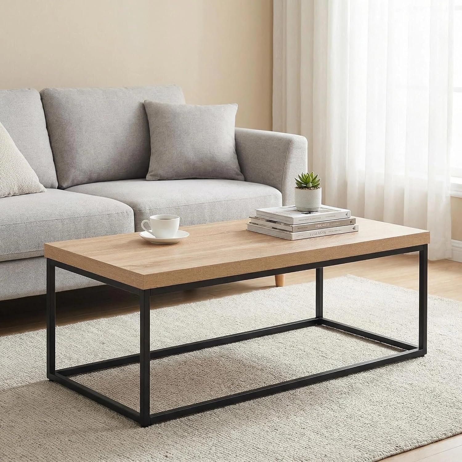 CENSI 47-Inch Natural Oak Coffee Table for Living Room, Modern Industrial Rectangular Wood and Metal Center Table with Extra Thick Tabletop (Natural Wood)