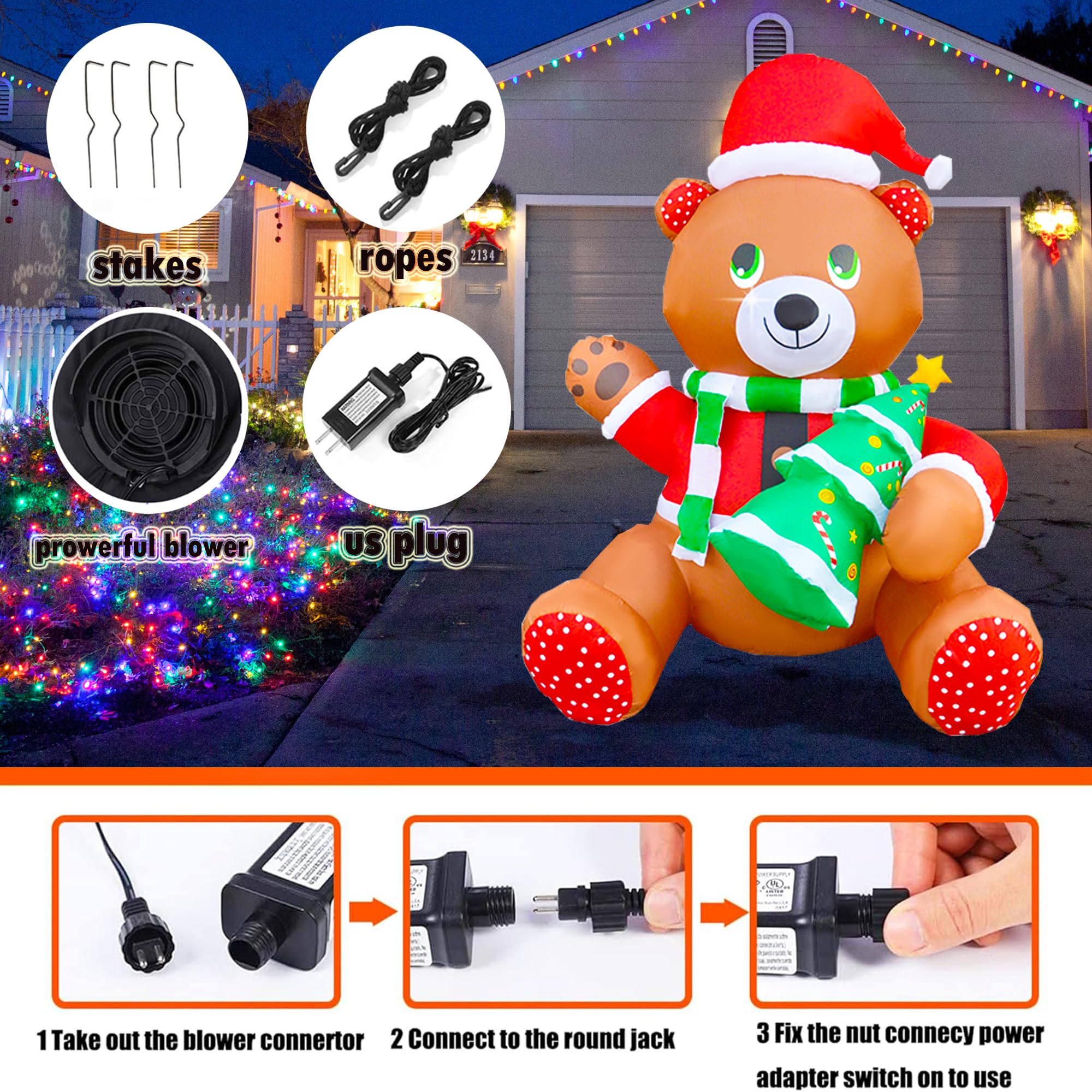 JOYEASE Orsacchiotto di Natale gonfiabile da 6 piedi che tiene l'albero di Natale Build-in LED Blow Up Clearance per le decorazioni del giardino del cortile delle vacanze