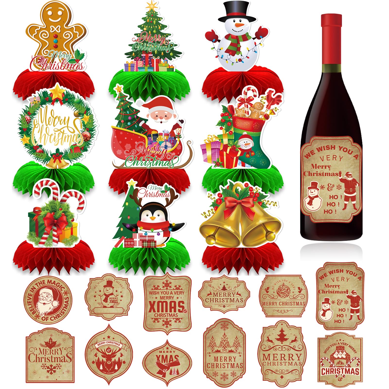 TYXHXTF 9PCS Decoraciones de Mesa, Centros de Mesa de Panal de Abeja de Navidad, Adorno de Panal 3D de Navidad para Decoracion Navidad Interior y Exterior(Viene con 12 Pegatinas de Bebidas Navideñas)