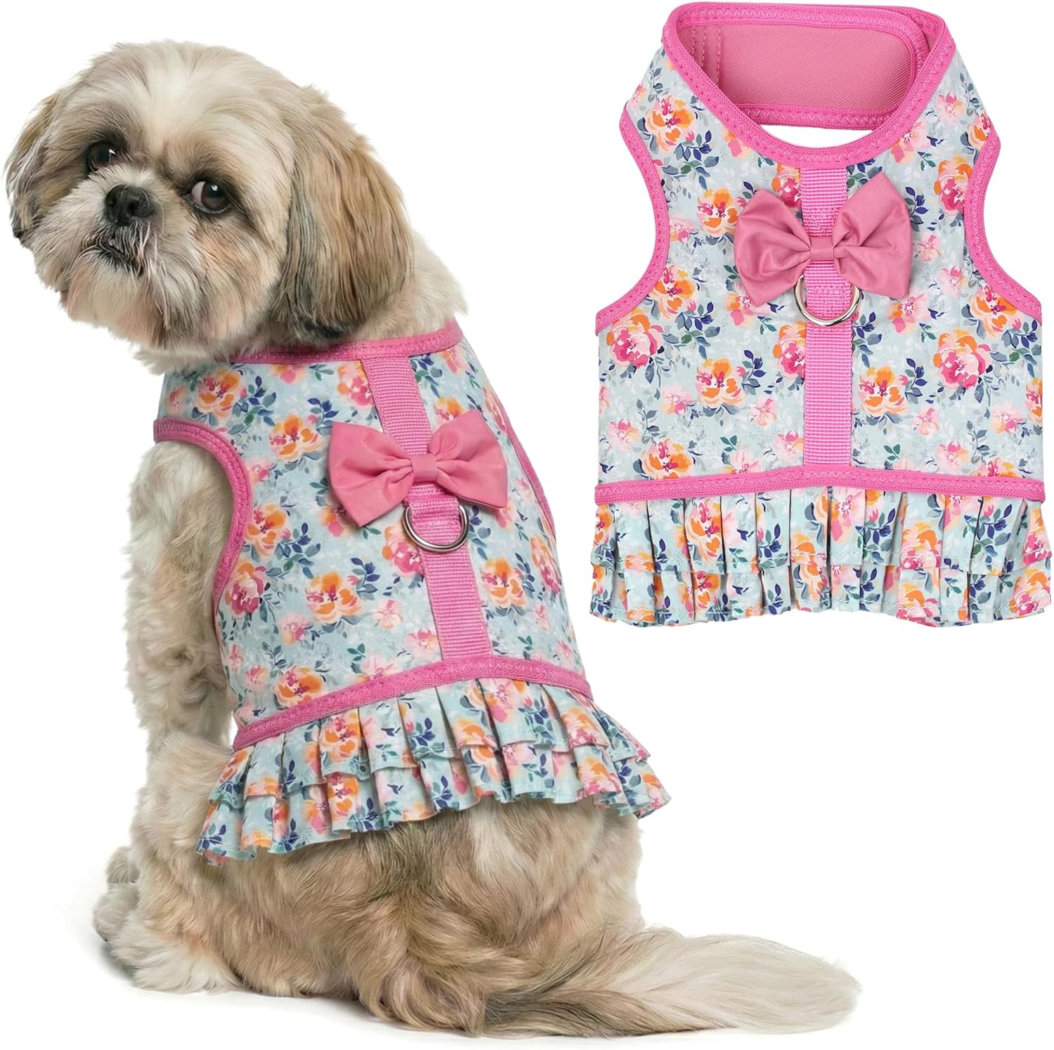Parisian Pet Floral Dog Harness Dress - Breathable No Pull Puppy Dress with Pink Bow and Leash Ring - 100% Mesh Fabric Harnesses for Dogs - Soft Padded Step in Pet Vest - Dog Harness Medium Sized Dogs