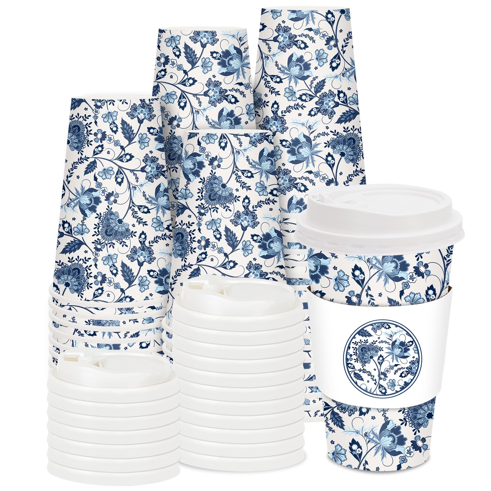 JarThenaAMCS 50 Sets Blue Floral Coffee Cups with Lids and Sleeves 16oz Vintage Flower Paper Cups Retro Disposable To Go Coffee Cups For Cafe Shop Cappuccino Chocolate Beverage Cocoa