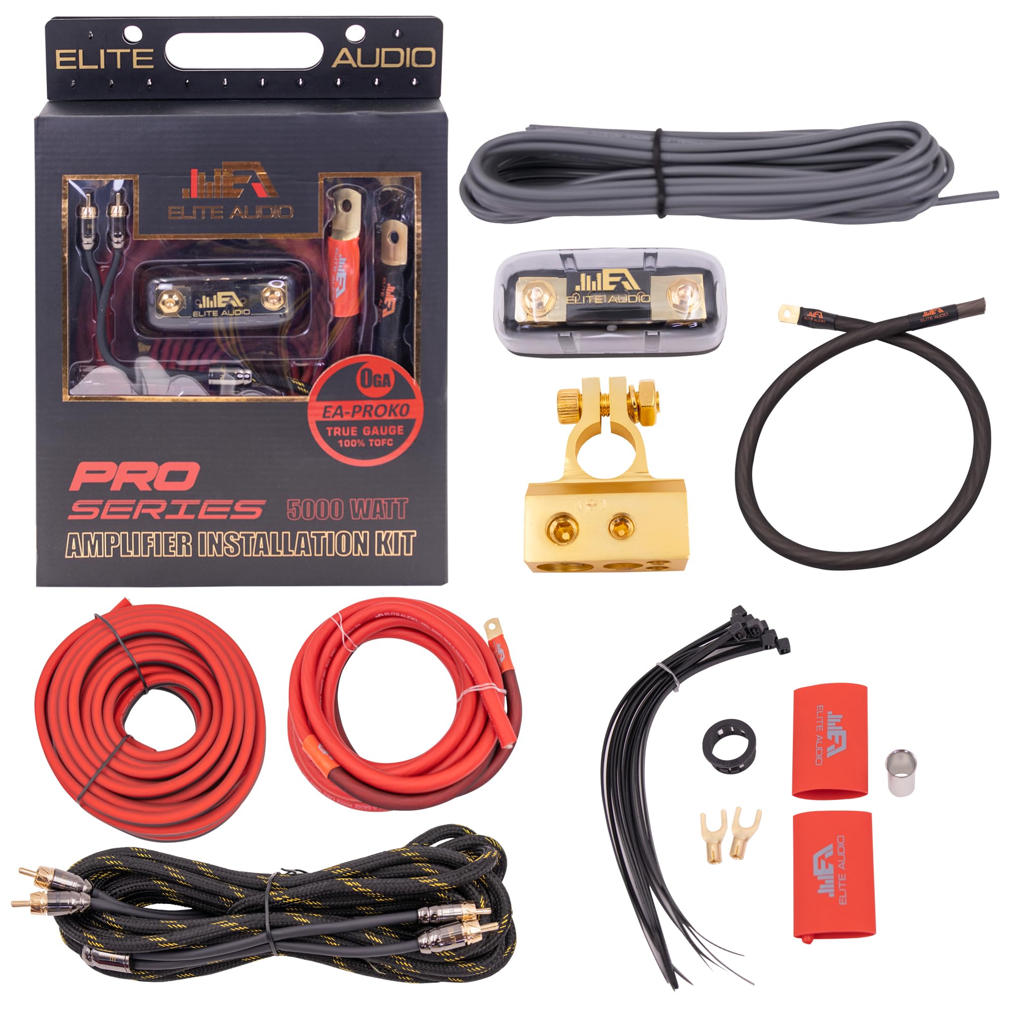 EA-PROK0 Pro Amplifier Wiring Kit - 5000W Max Power, Oxygen Free Copper Cables, Brass ANL Fuse Holder, 0 Gauge